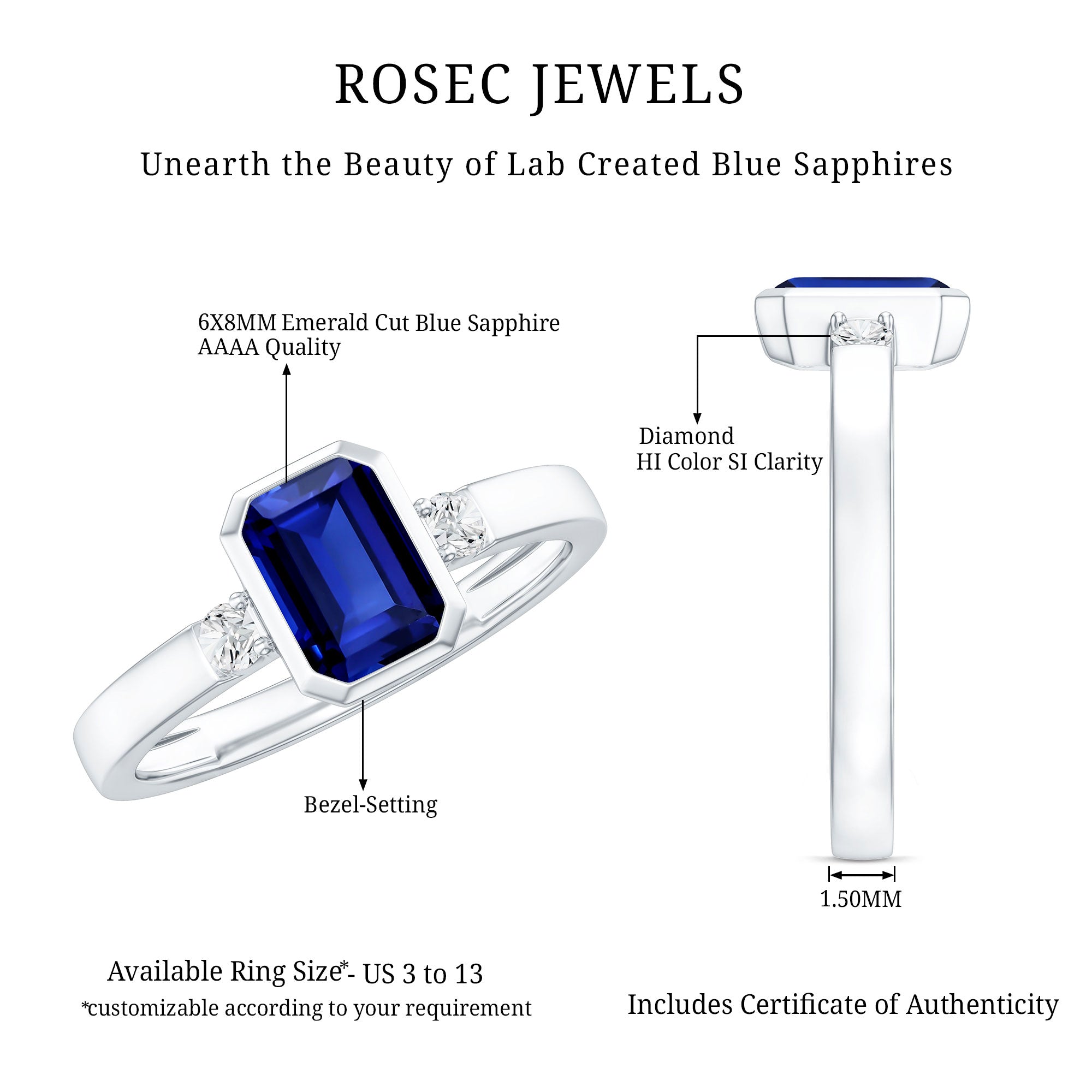 Bezel Set 1.75 Carat Lab Grown Blue Sapphire Emerald Cut Engagement Ring with Diamond