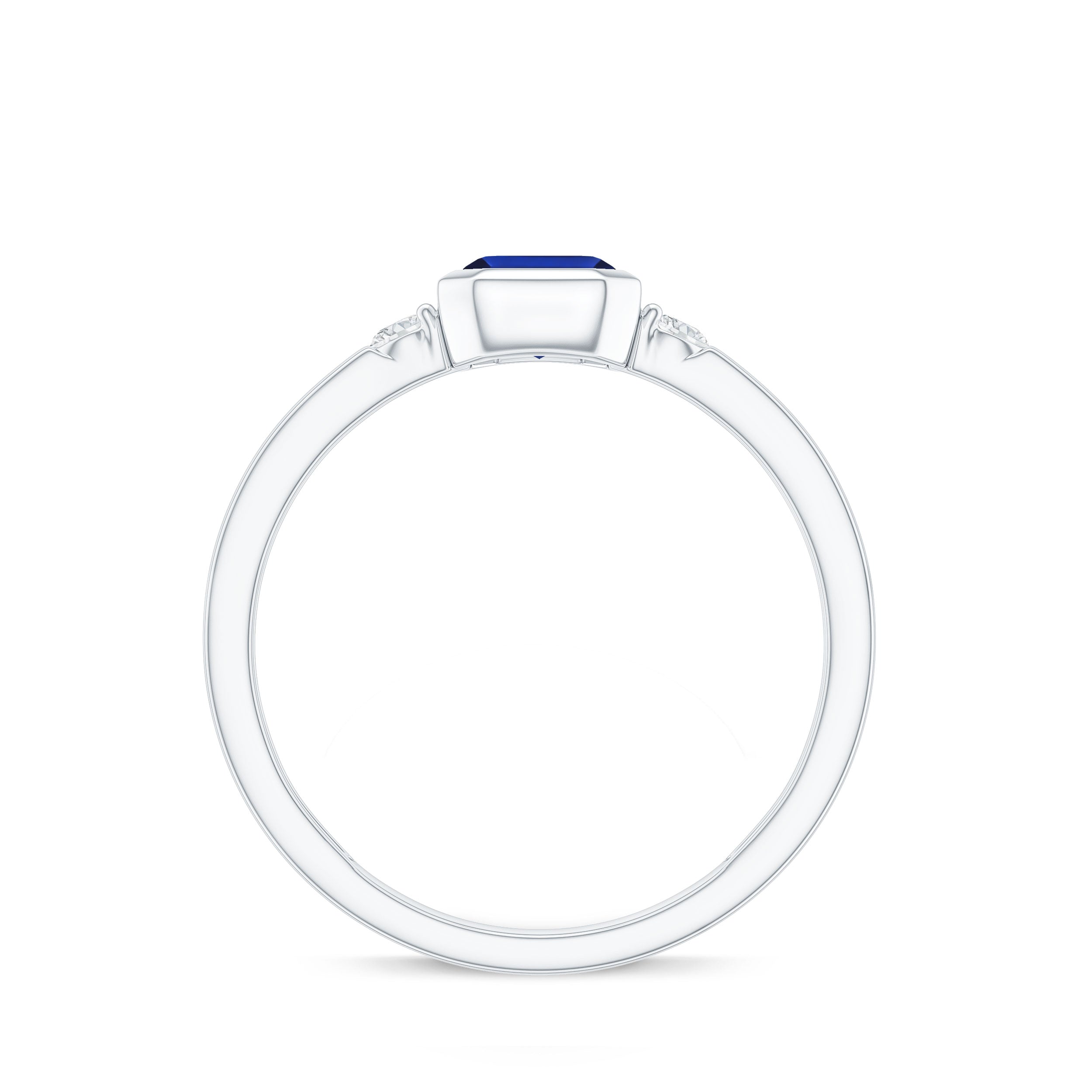 Bezel Set 1.75 Carat Lab Grown Blue Sapphire Emerald Cut Engagement Ring with Diamond