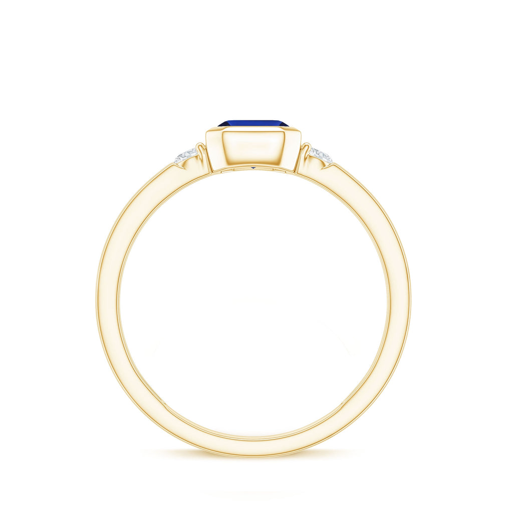 Bezel Set 1.75 Carat Lab Grown Blue Sapphire Emerald Cut Engagement Ring with Diamond