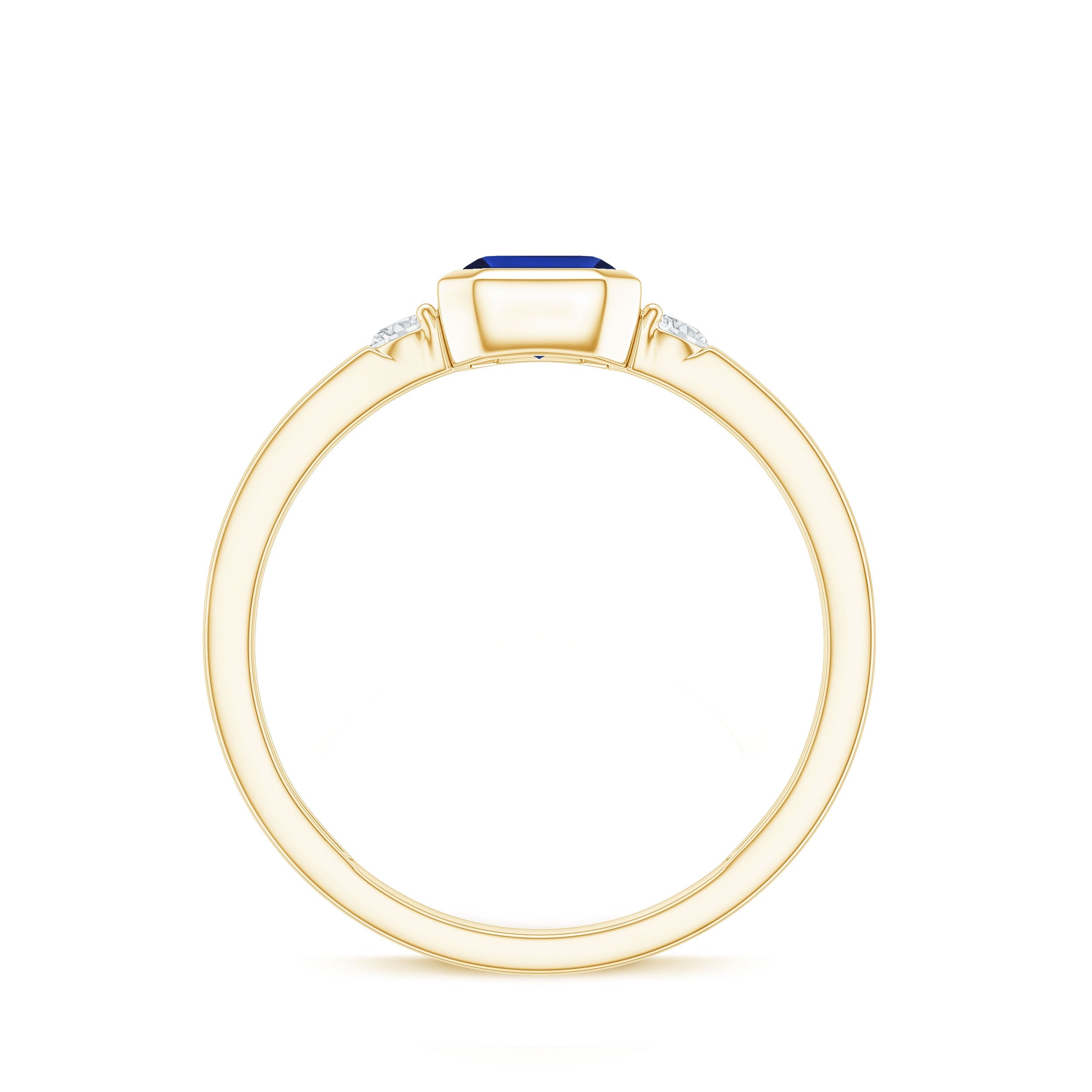 Bezel Set 1.75 Carat Lab Grown Blue Sapphire Emerald Cut Engagement Ring with Diamond