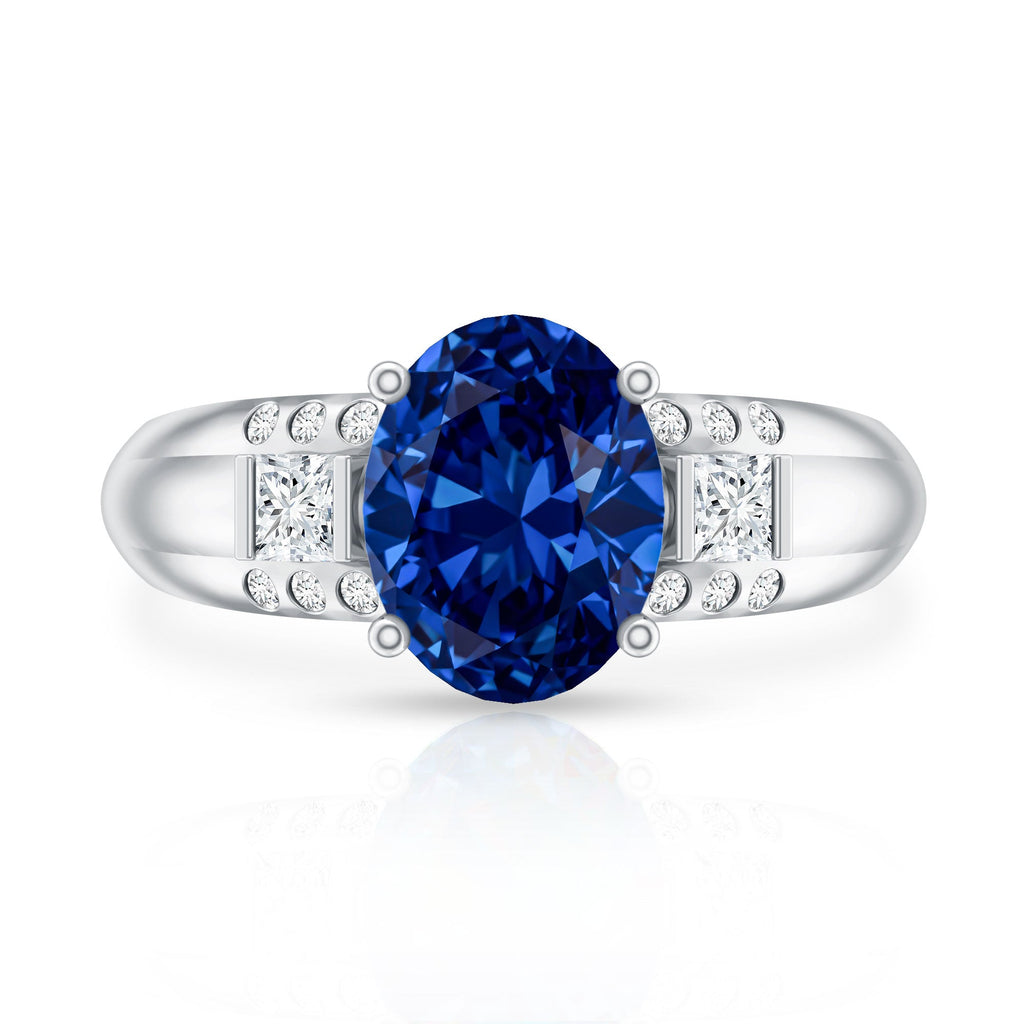 Certified Oval 4 Carat Lab Grown Blue Sapphire Statement Engagement Ring with Diamond