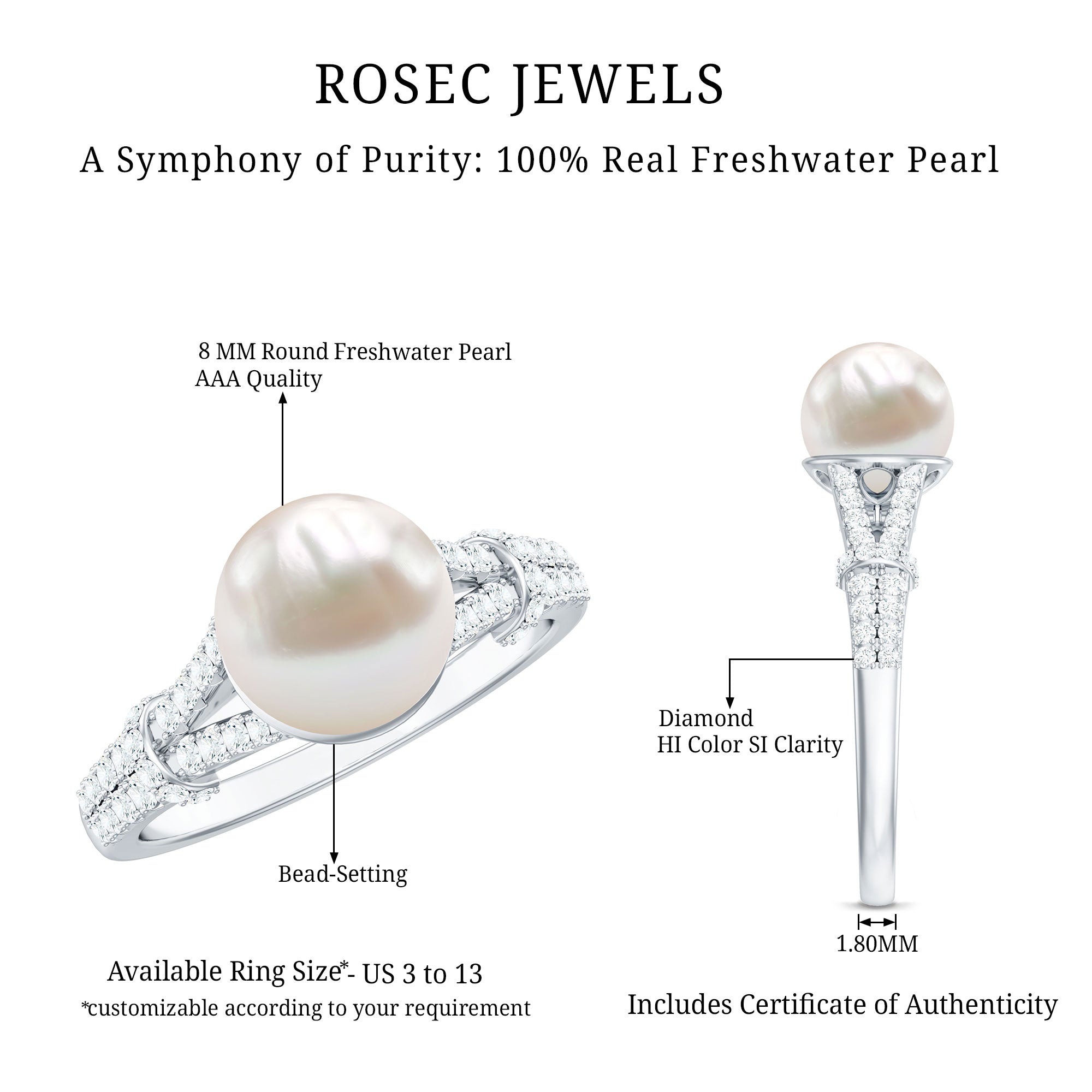 Real 7.48 Carat Freshwater Pearl Solitaire Engagement Ring with Diamond Split Shank