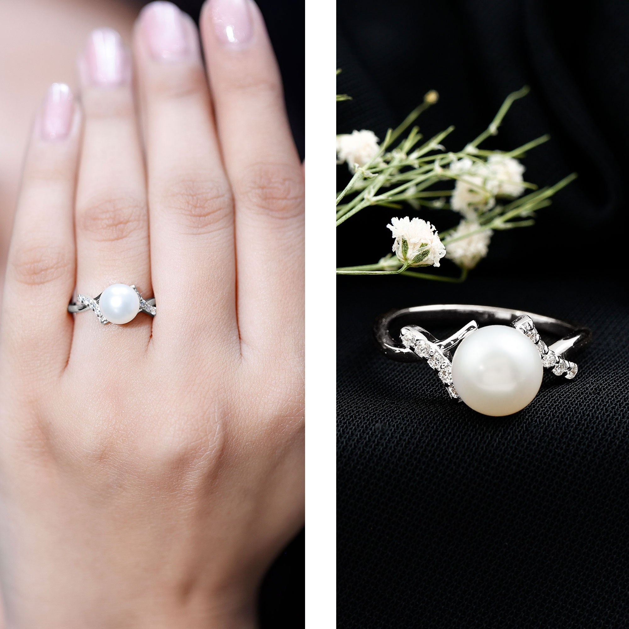Pure Freshwater Pearl Solitaire Crossover Ring with Diamond
