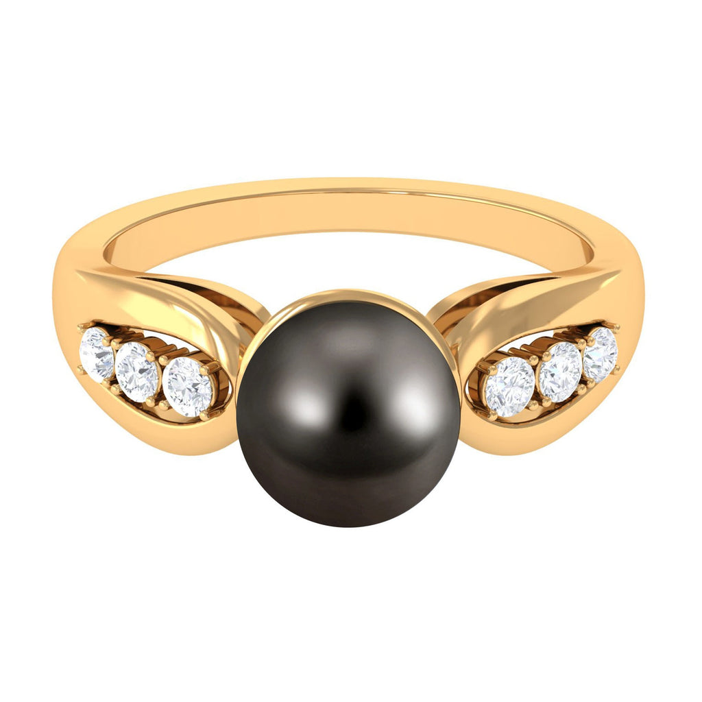 Solitaire Tahitian Pearl Engagement Ring with Diamond Side Stones