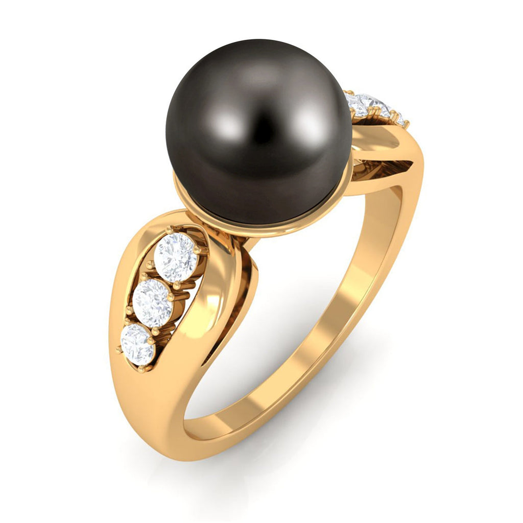 Solitaire Tahitian Pearl Engagement Ring with Diamond Side Stones