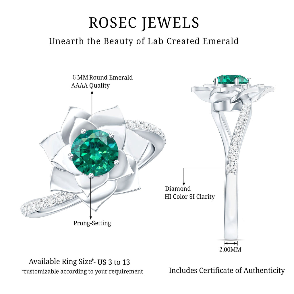 Certified Lab Grown Emerald Diamond Flower Engagement Ring with Bypass Shank