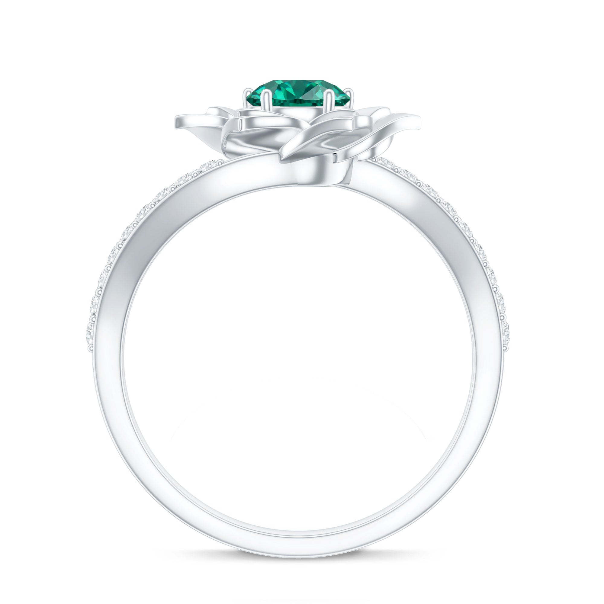 Certified Lab Grown Emerald Diamond Flower Engagement Ring with Bypass Shank