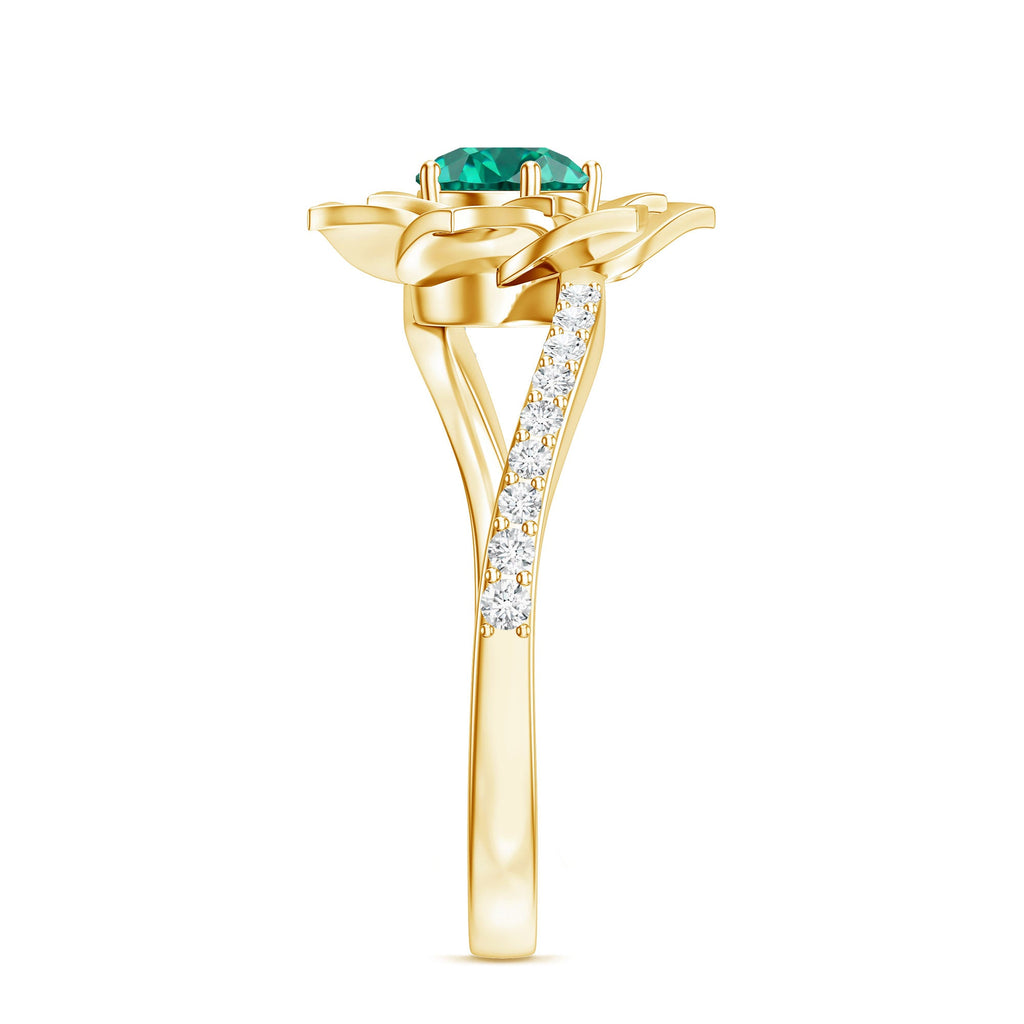 Certified Lab Grown Emerald Diamond Flower Engagement Ring with Bypass Shank
