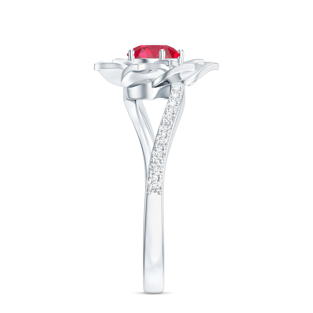 Lab Created Ruby Rose Flower Engagement Ring With Certificate