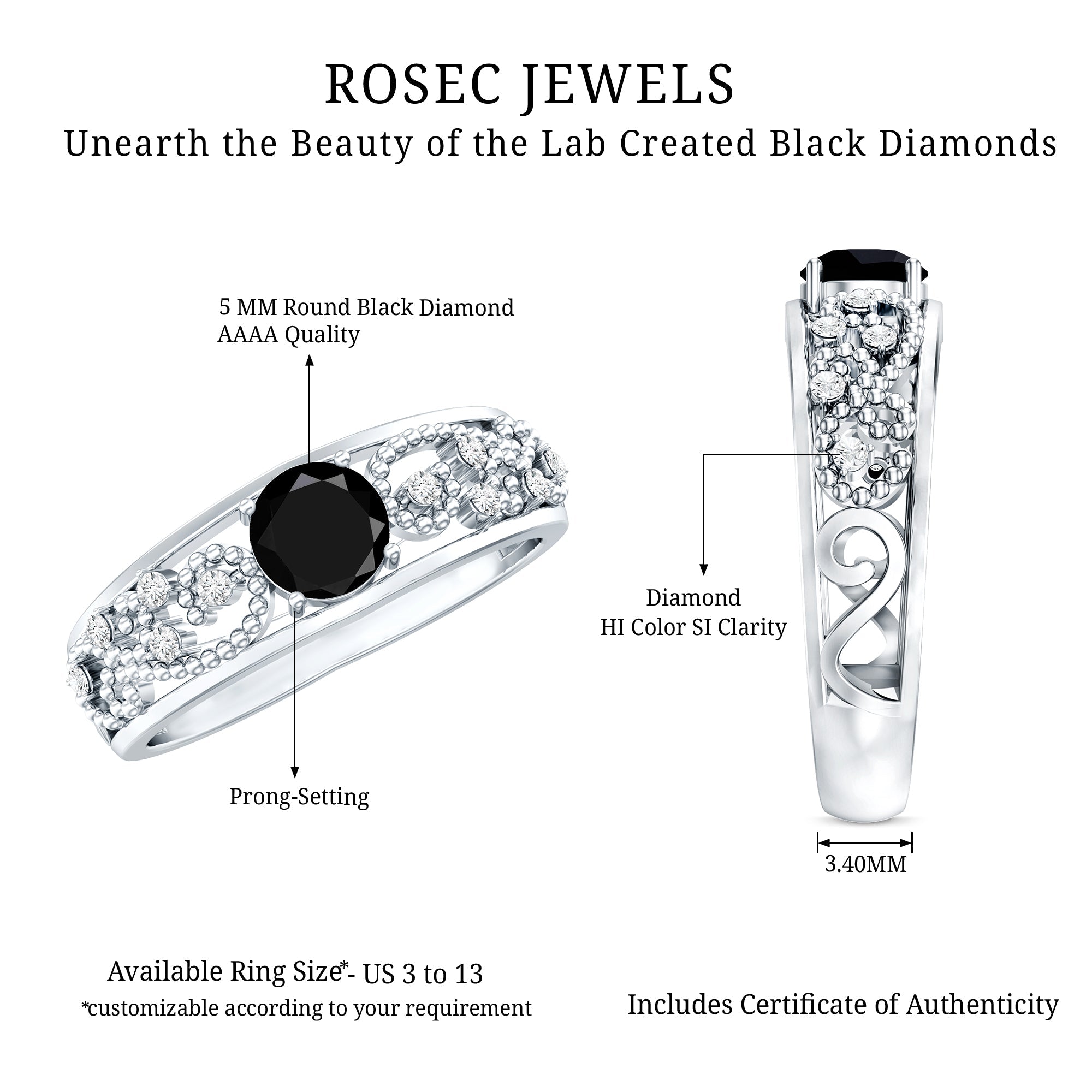 Vintage Inspired 0.8 Carat Lab Grown Black and White Diamond Engagement Ring