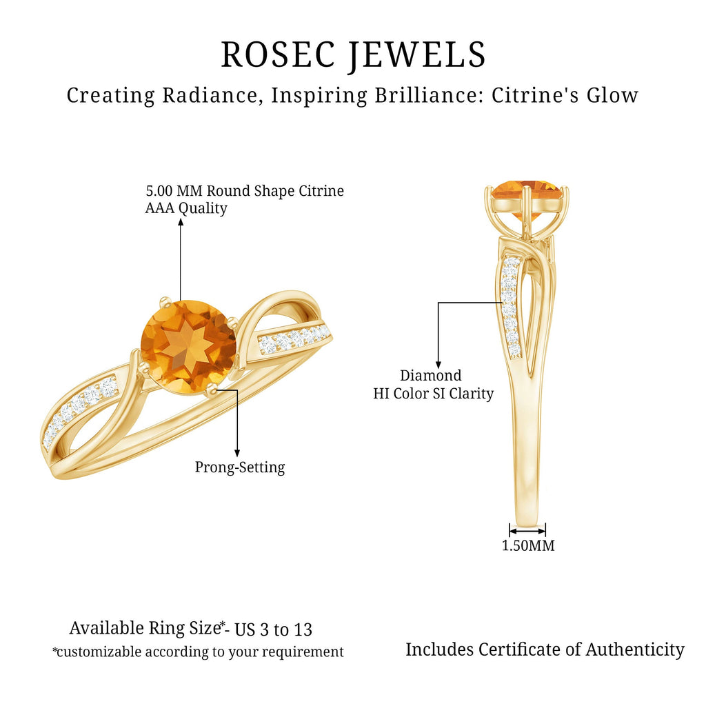 Natural Citrine Engagement Ring with Diamond Crossover Shank