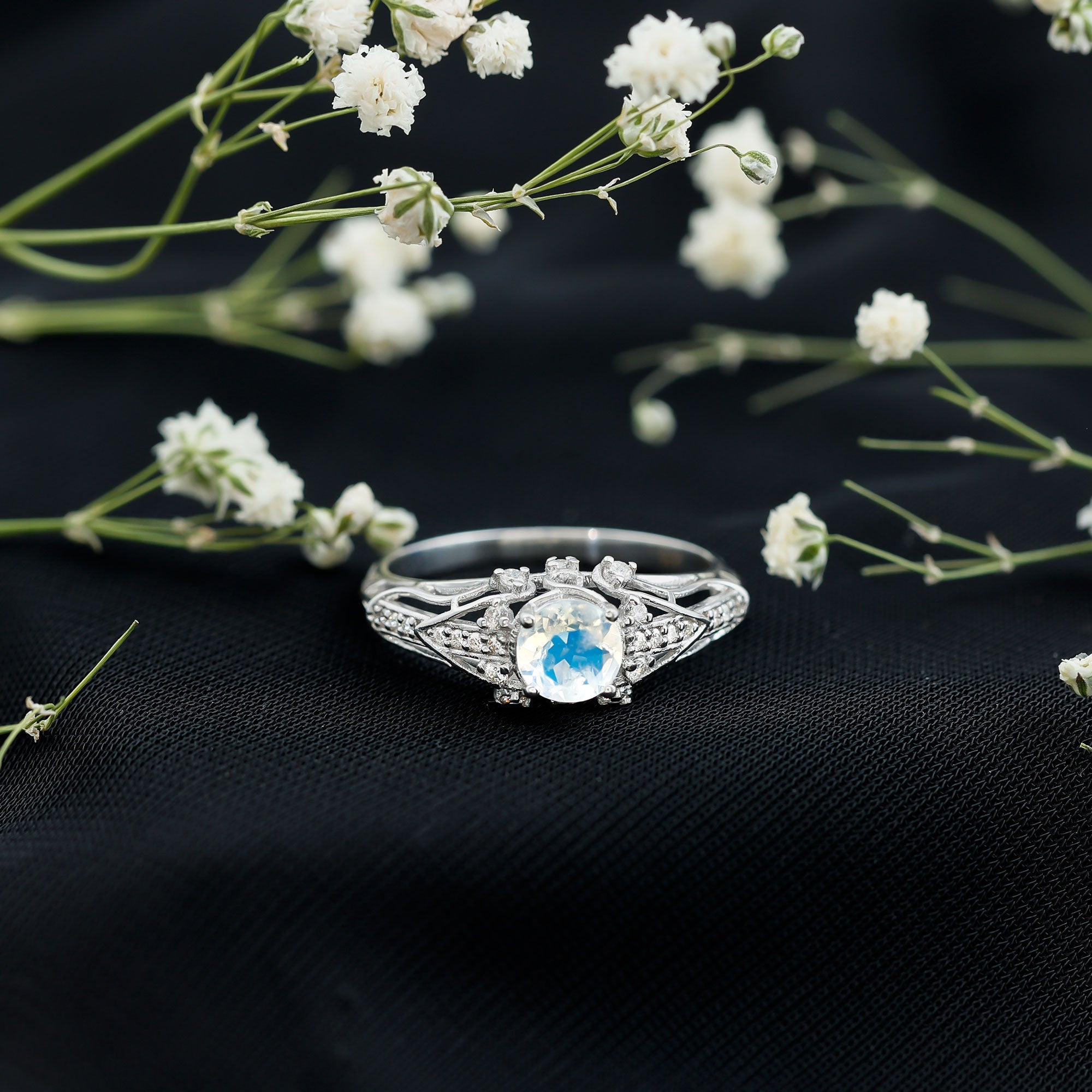 Vintage Inspired Moonstone Engagement Ring with Diamond