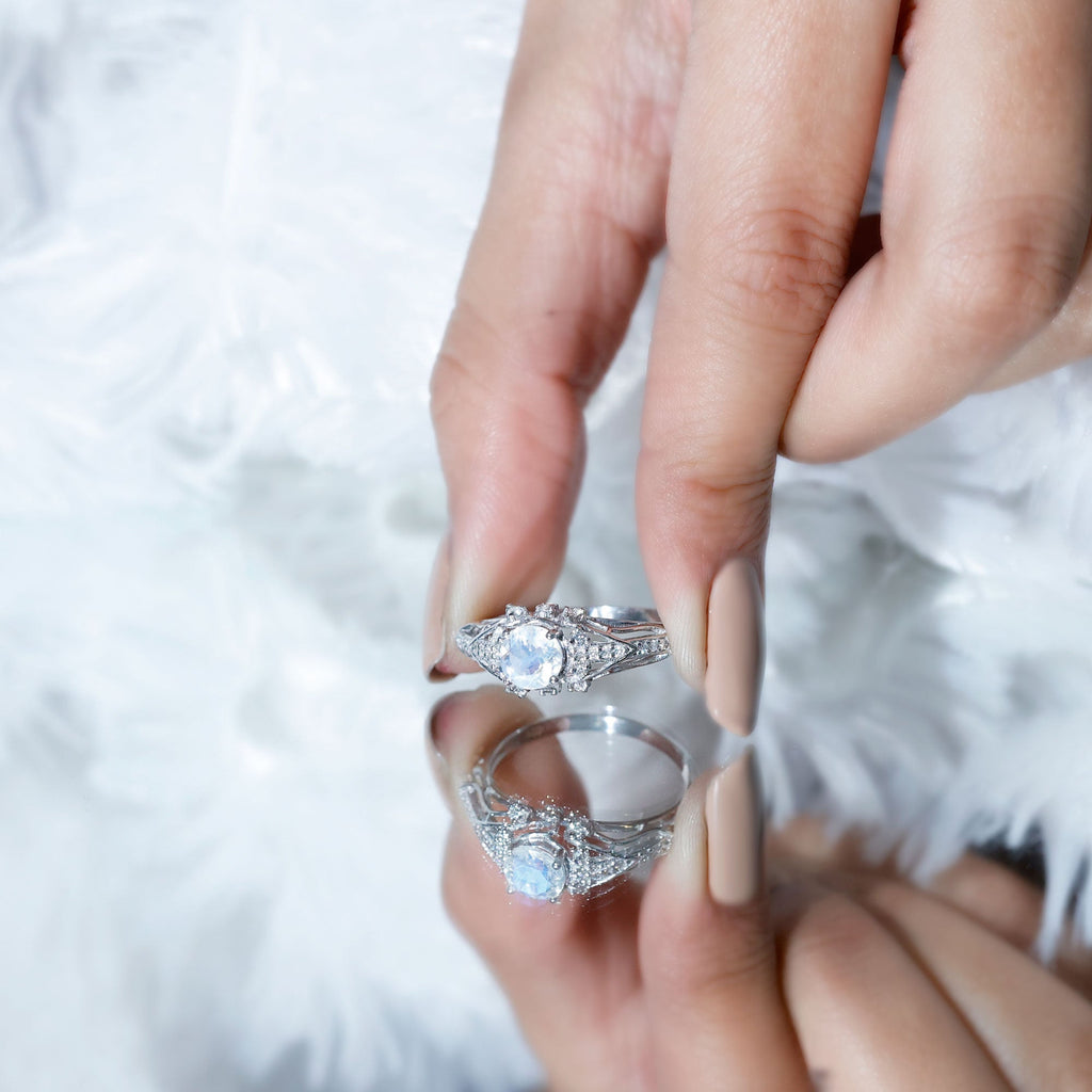 Vintage Inspired Moonstone Engagement Ring with Diamond