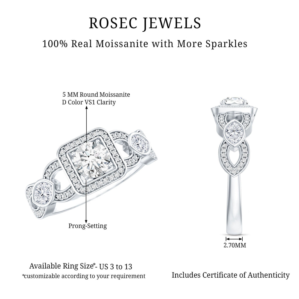 Vintage Inspired Moissanite Halo Engagement Ring with Certificate
