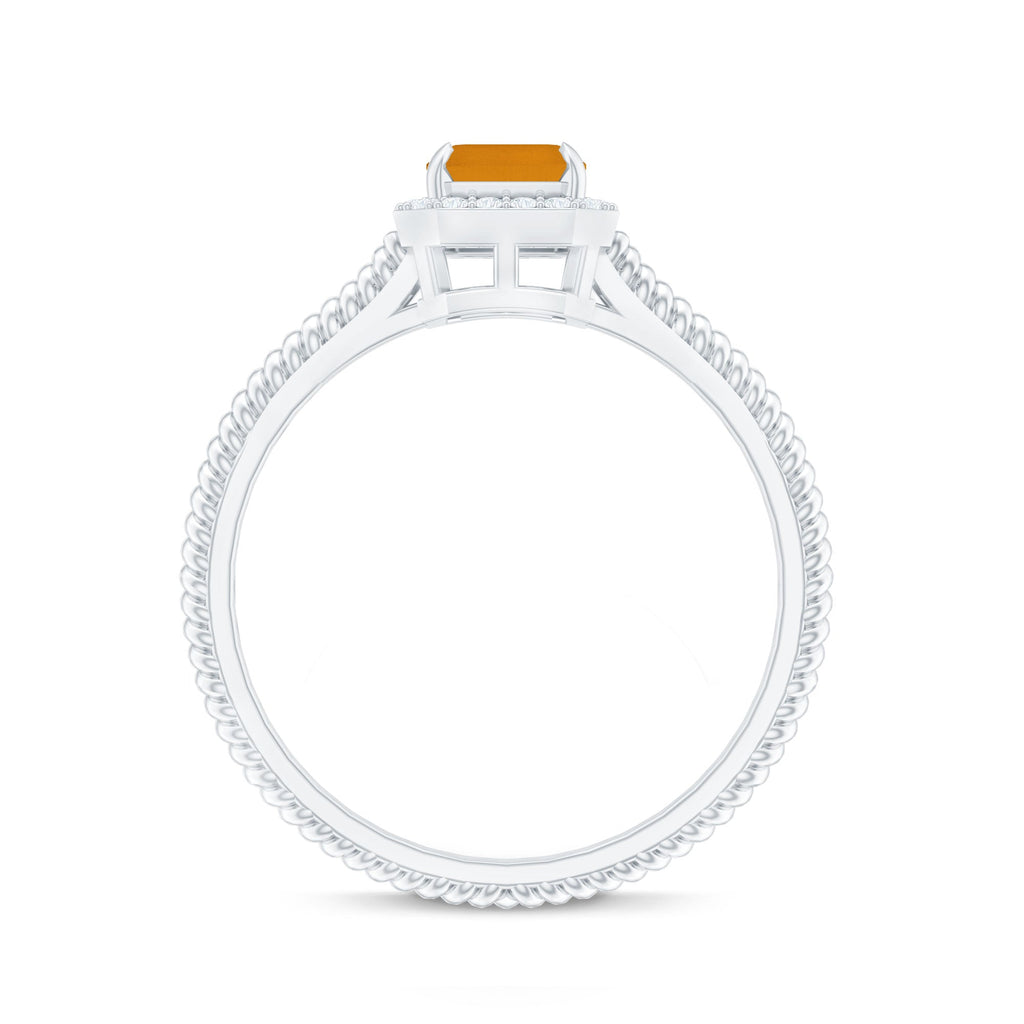 Natural Citrine Emerald Cut Engagement Ring with Diamond Halo
