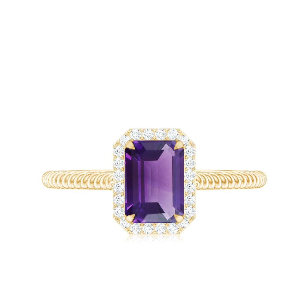 Natural 1.4 Carat Amethyst Emerald Cut Engagement Ring with Diamond Halo