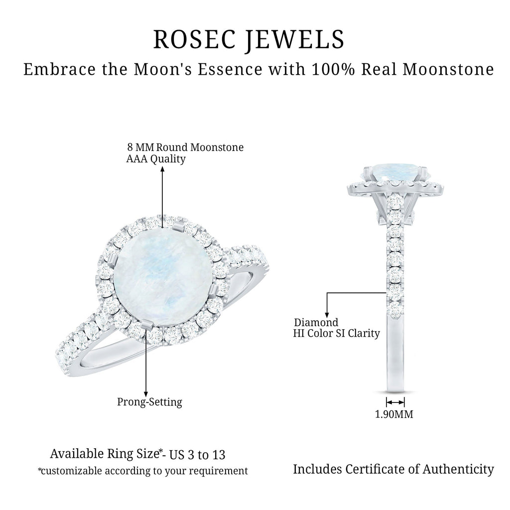 0.8 Carat Round Moonstone Halo Engagement Ring with Diamond