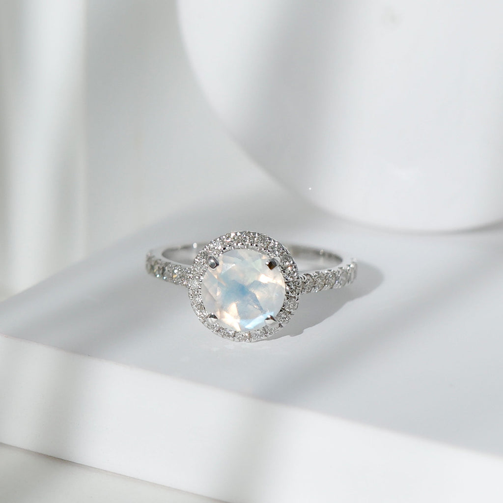 0.8 Carat Round Moonstone Halo Engagement Ring with Diamond