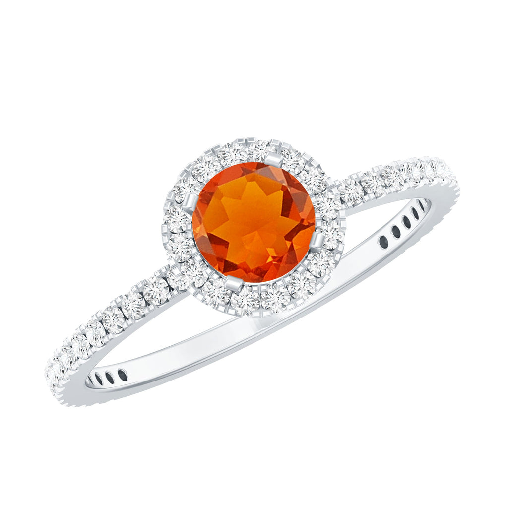 Round Shape Fire Opal Halo Engagement Ring with Diamond