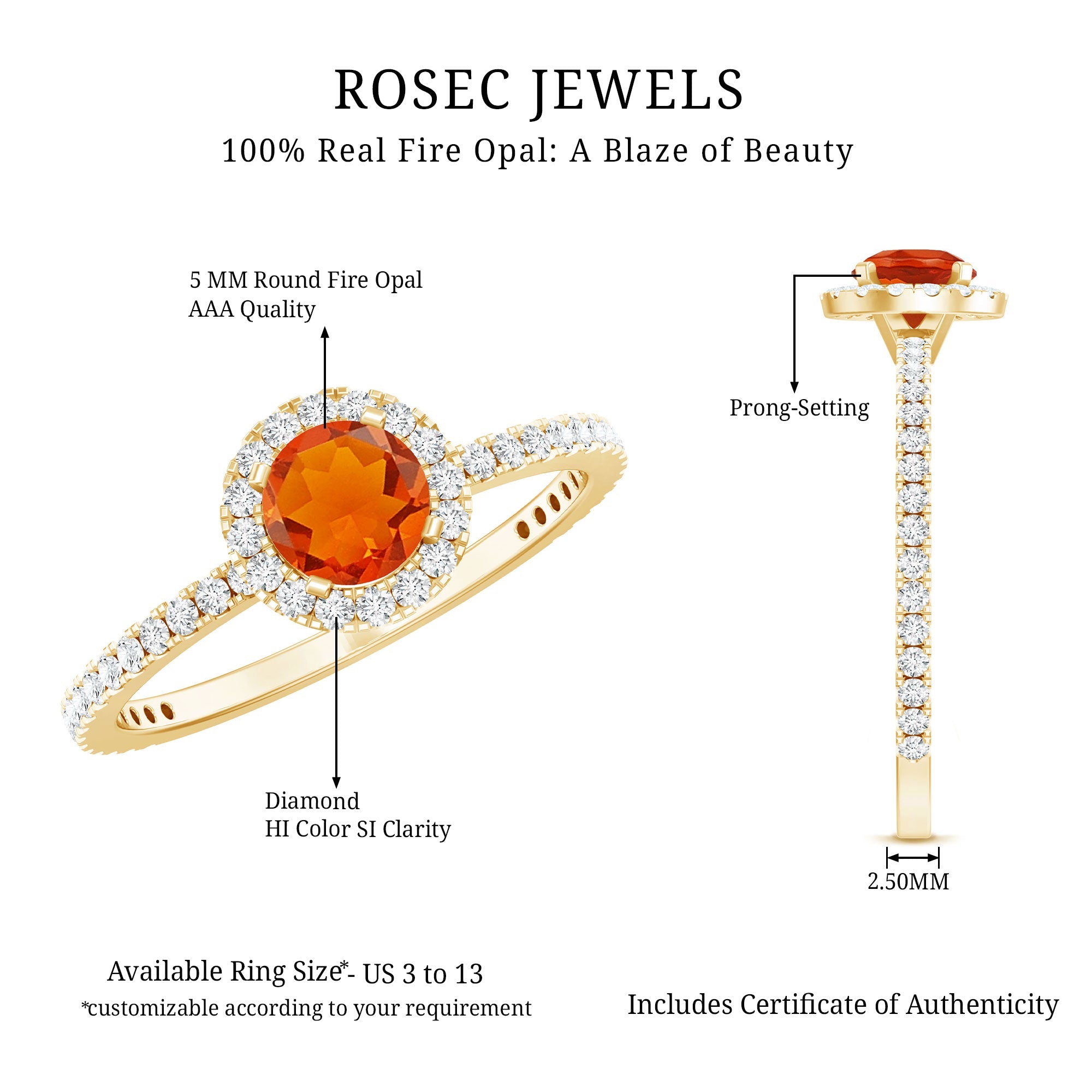 Round Shape Fire Opal Halo Engagement Ring with Diamond
