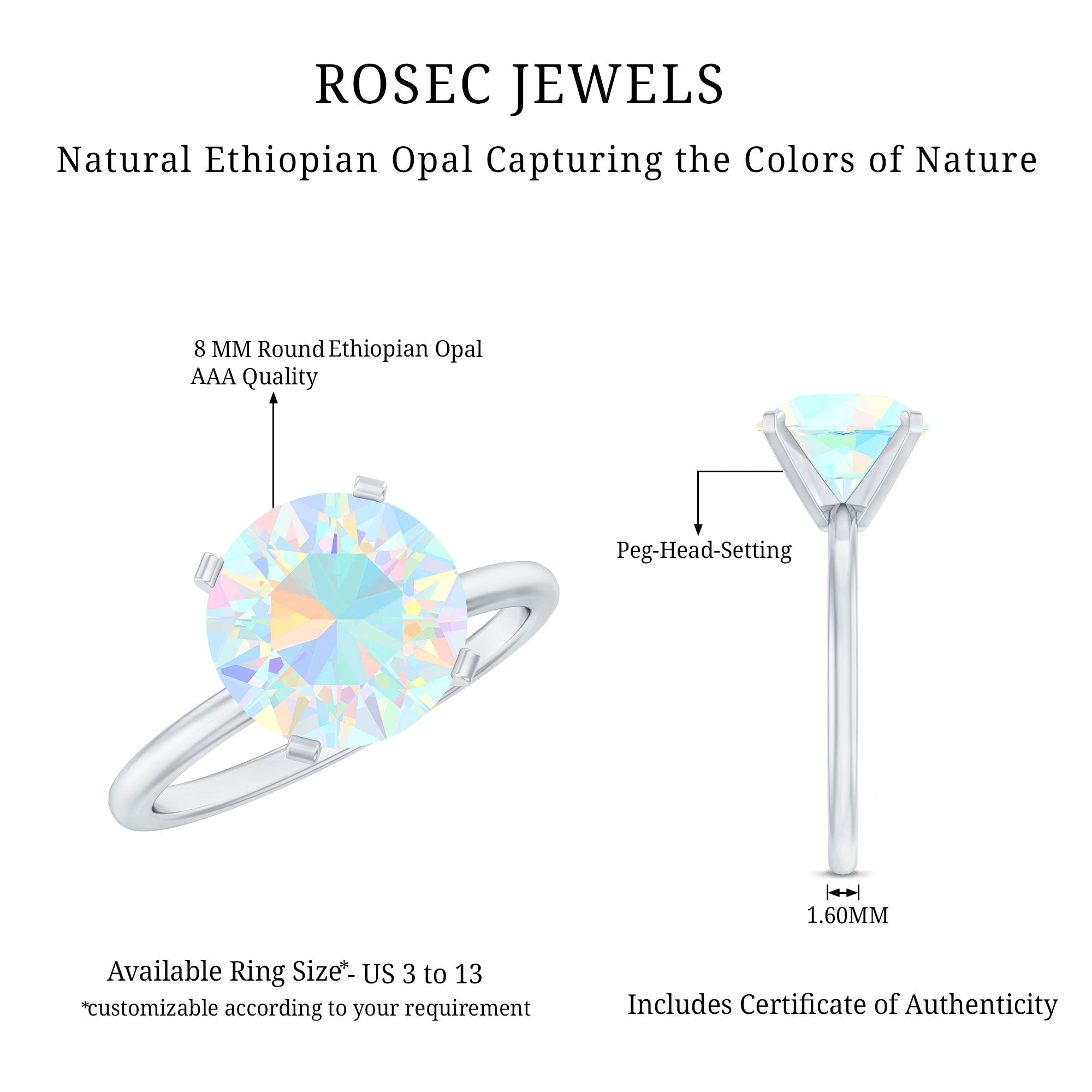 Classic 2 Carat Solitaire Ethiopian Opal October Birthstone Engagement Ring