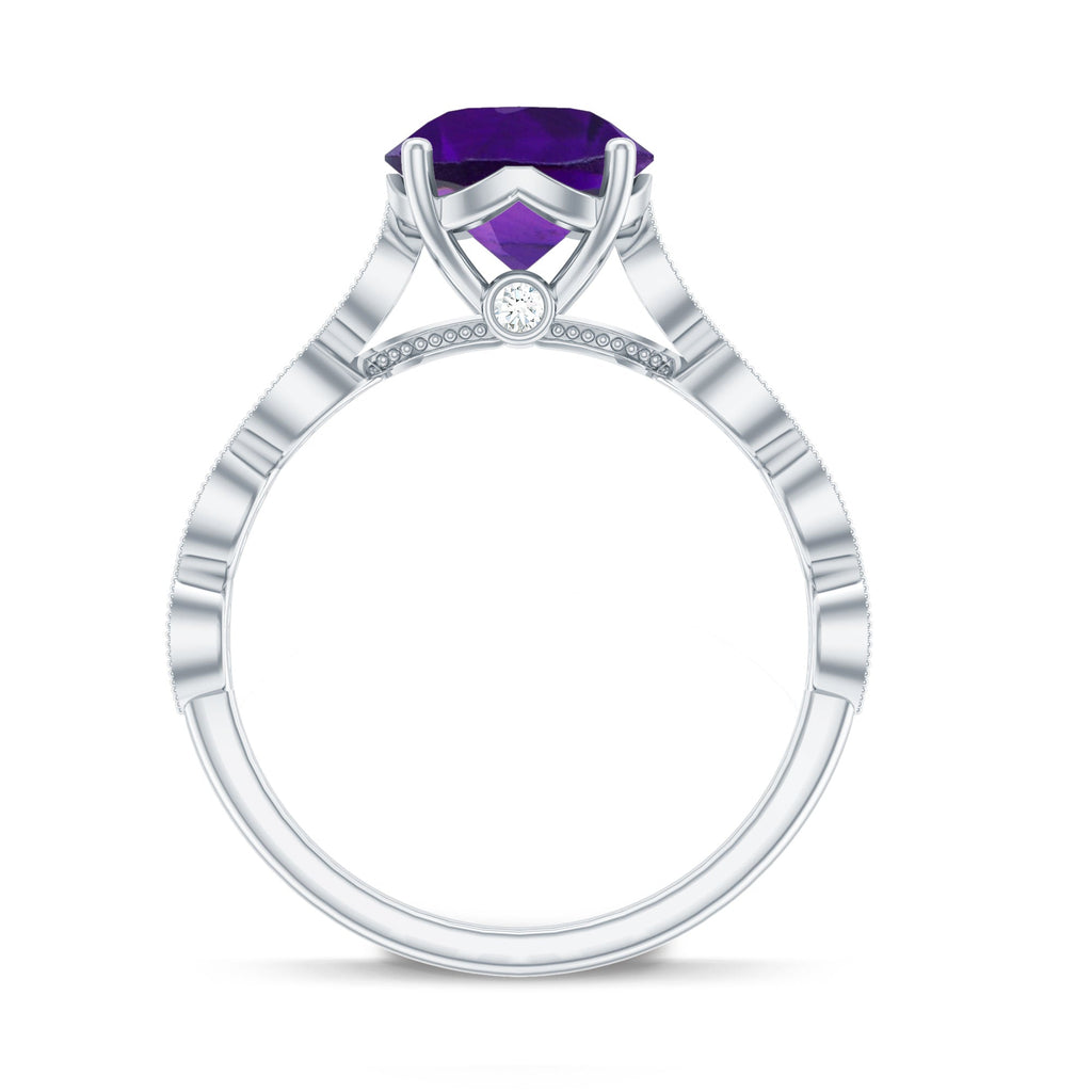 Amethyst and Diamond Solitaire Engagement Ring with Milgrain Details