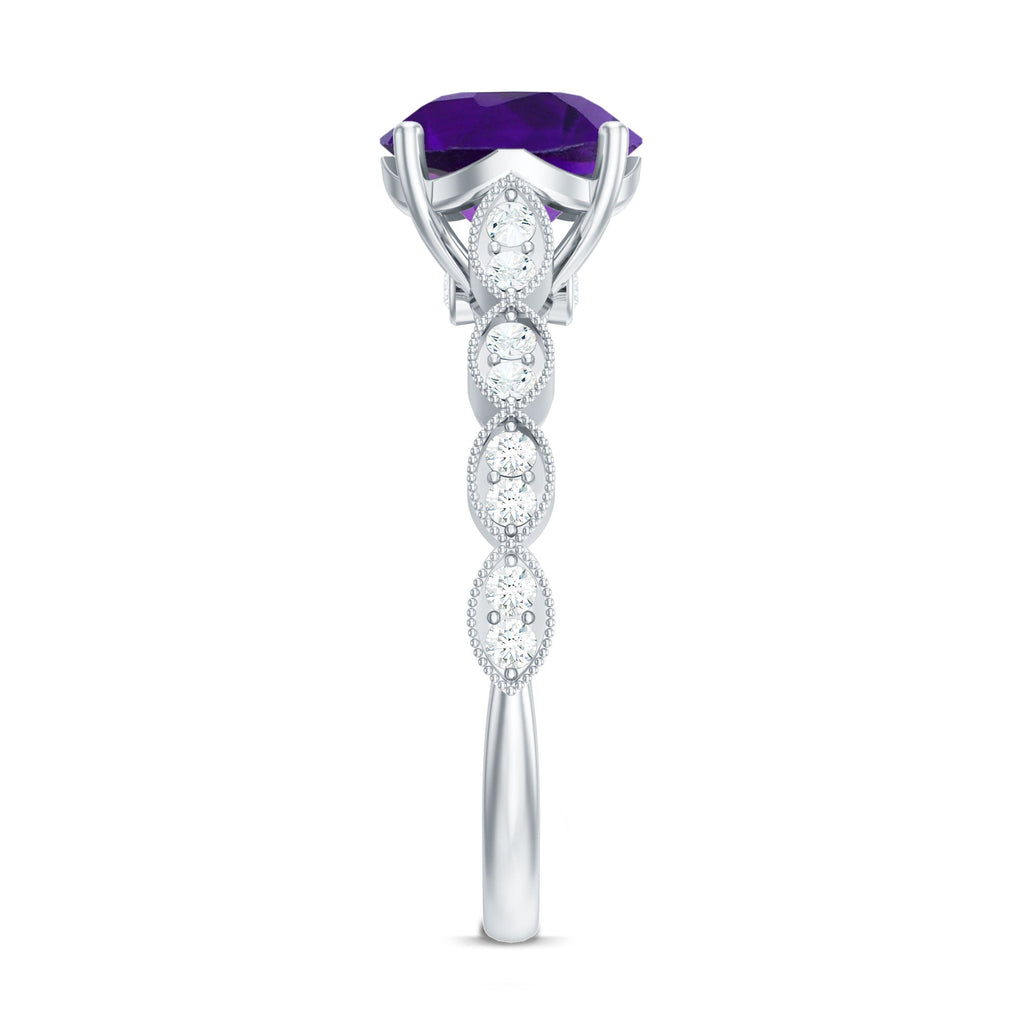 Amethyst and Diamond Solitaire Engagement Ring with Milgrain Details