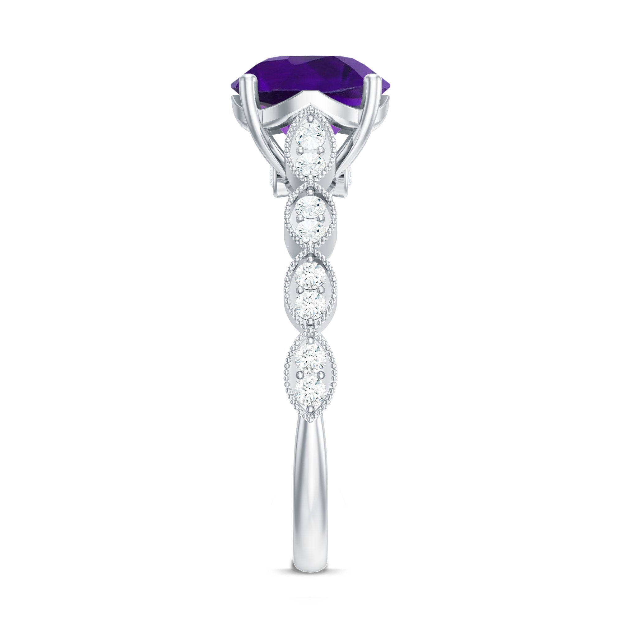 Amethyst and Diamond Solitaire Engagement Ring with Milgrain Details