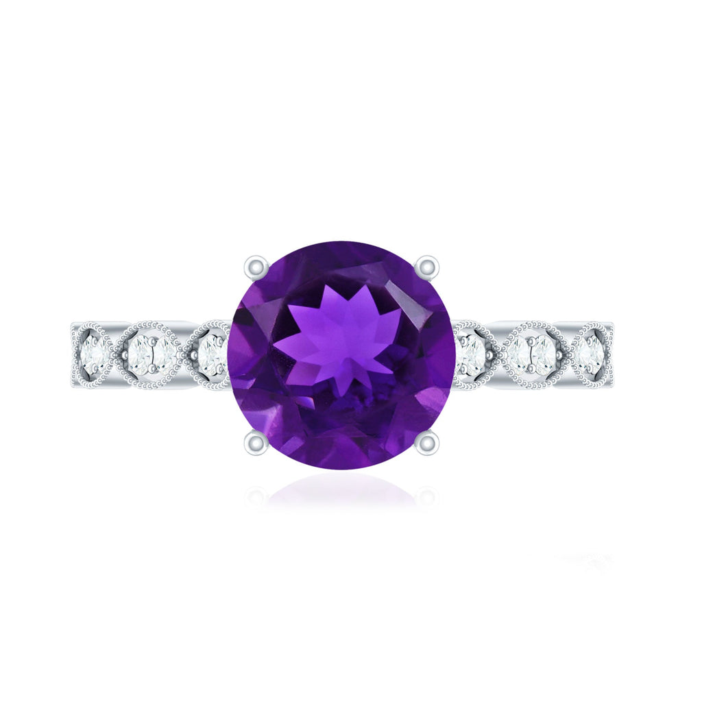 Amethyst and Diamond Solitaire Engagement Ring with Milgrain Details