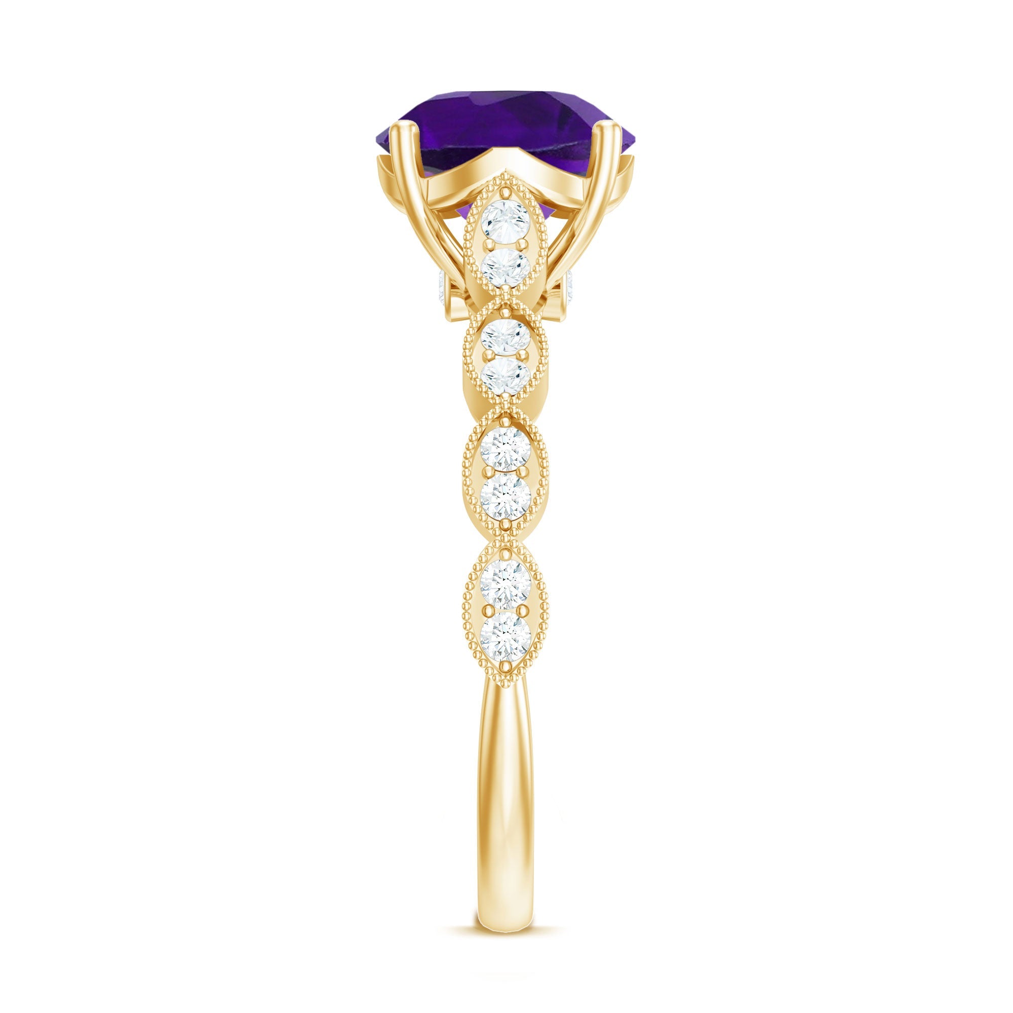 Amethyst and Diamond Solitaire Engagement Ring with Milgrain Details