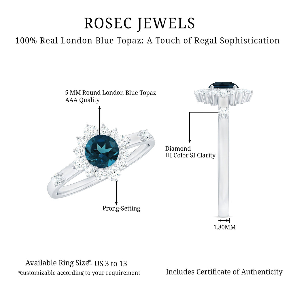 Round London Blue Topaz Promise Ring with Diamond Halo
