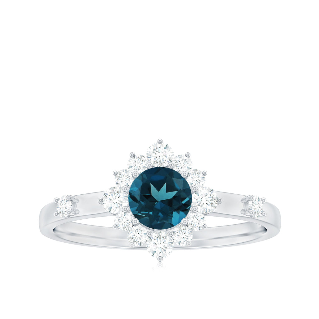 Round London Blue Topaz Promise Ring with Diamond Halo