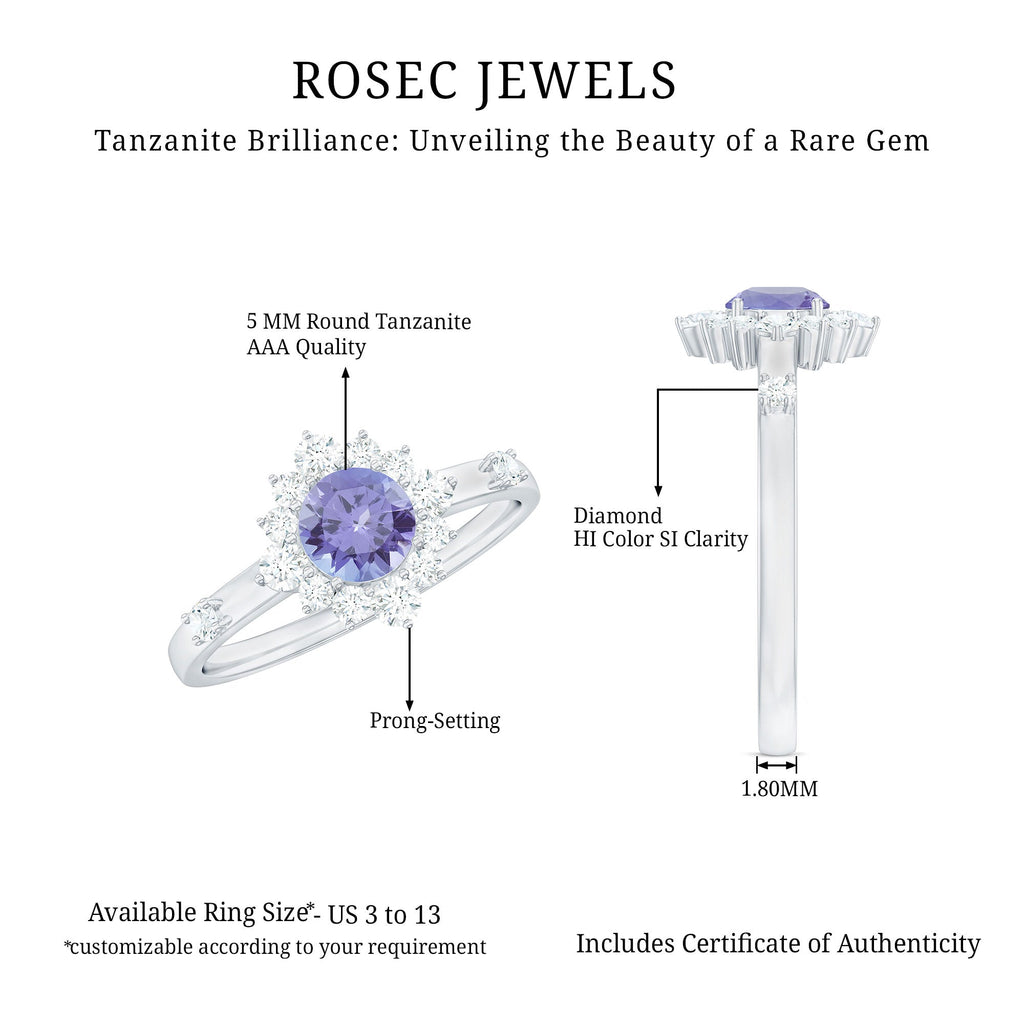 Minimal Tanzanite Engagement Ring with Diamond Halo