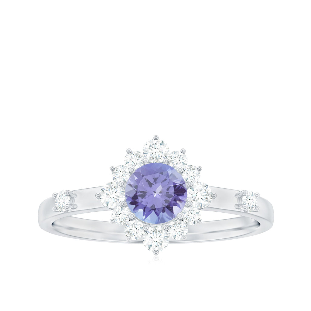 Minimal Tanzanite Engagement Ring with Diamond Halo