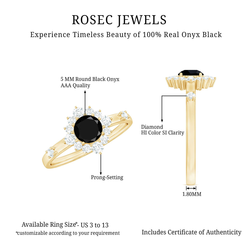 Certified Genuine 0.4 Carat Black Onyx Halo Ring with Diamond