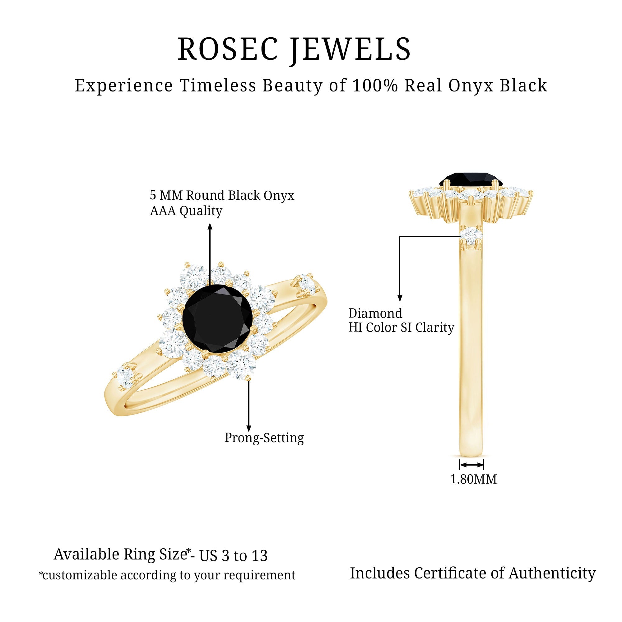 Certified Genuine 0.4 Carat Black Onyx Halo Ring with Diamond