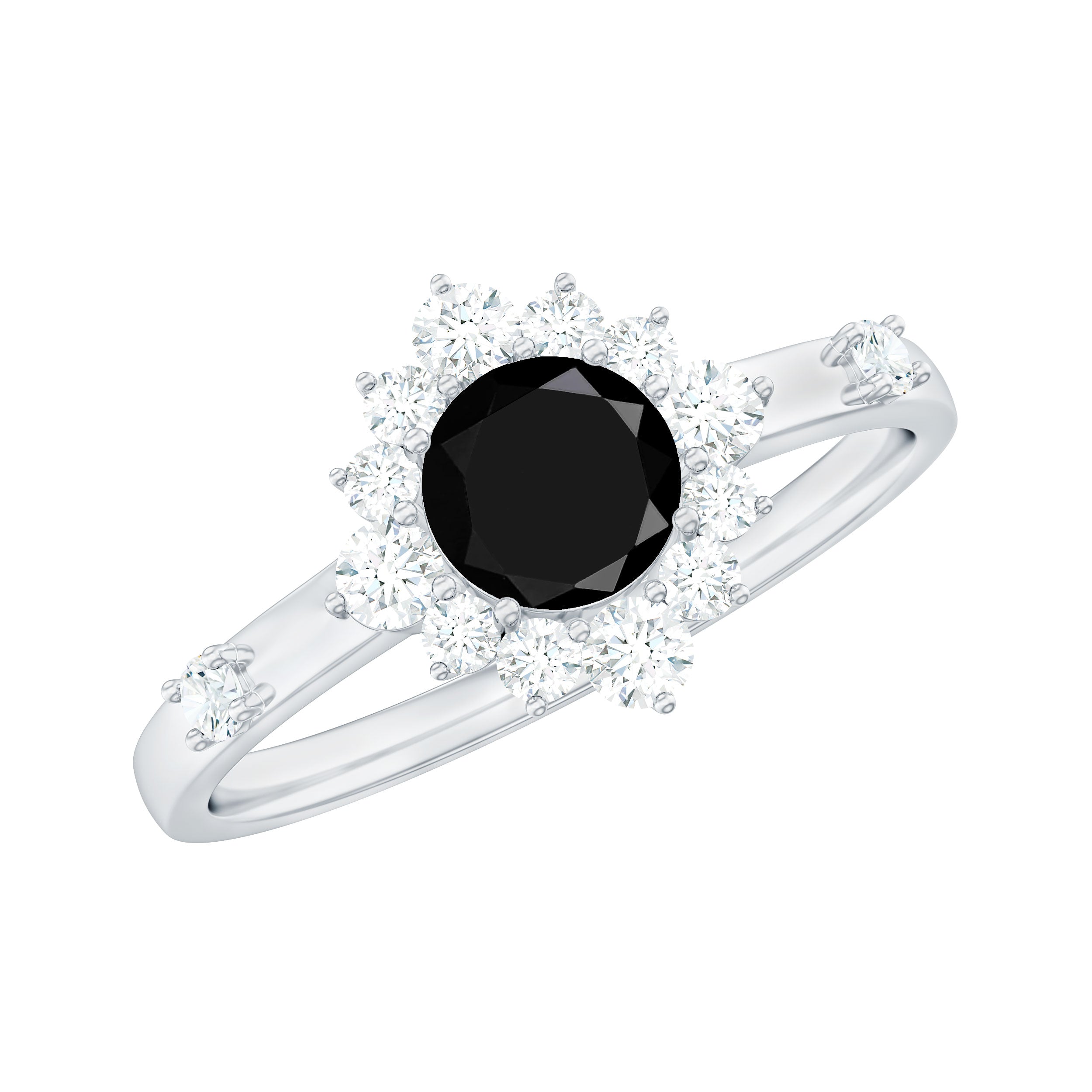 Natural Black Spinel Promise Ring with Diamond Halo