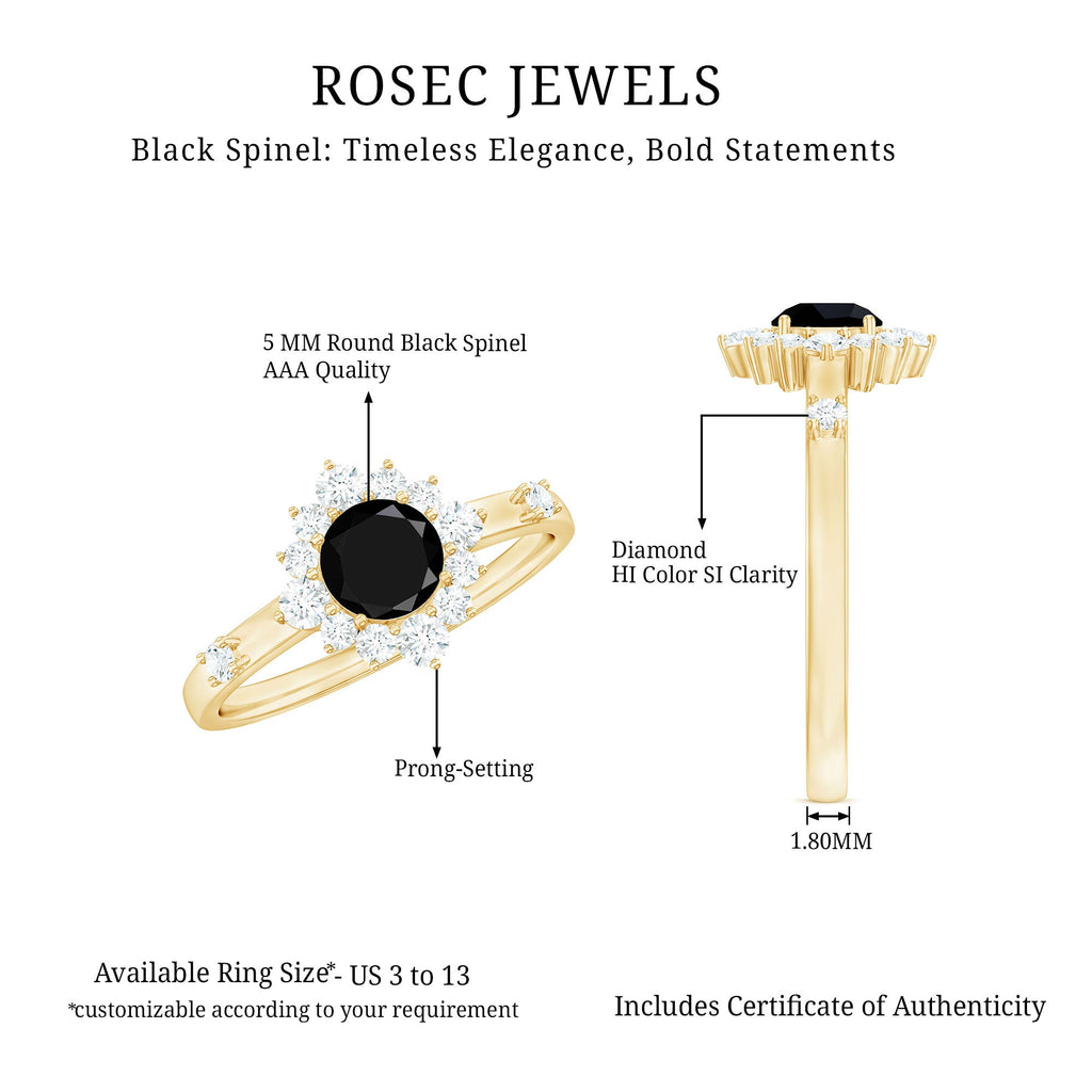 Natural Black Spinel Promise Ring with Diamond Halo