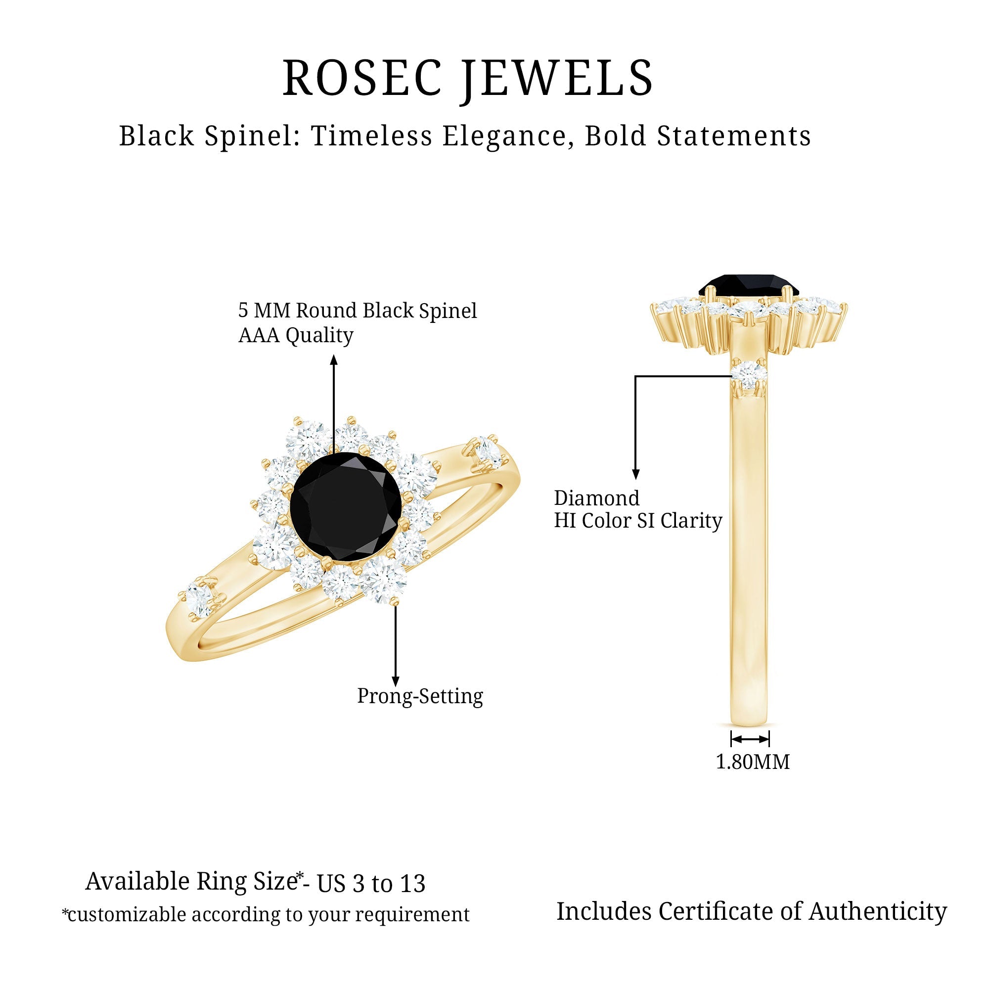 Natural Black Spinel Promise Ring with Diamond Halo