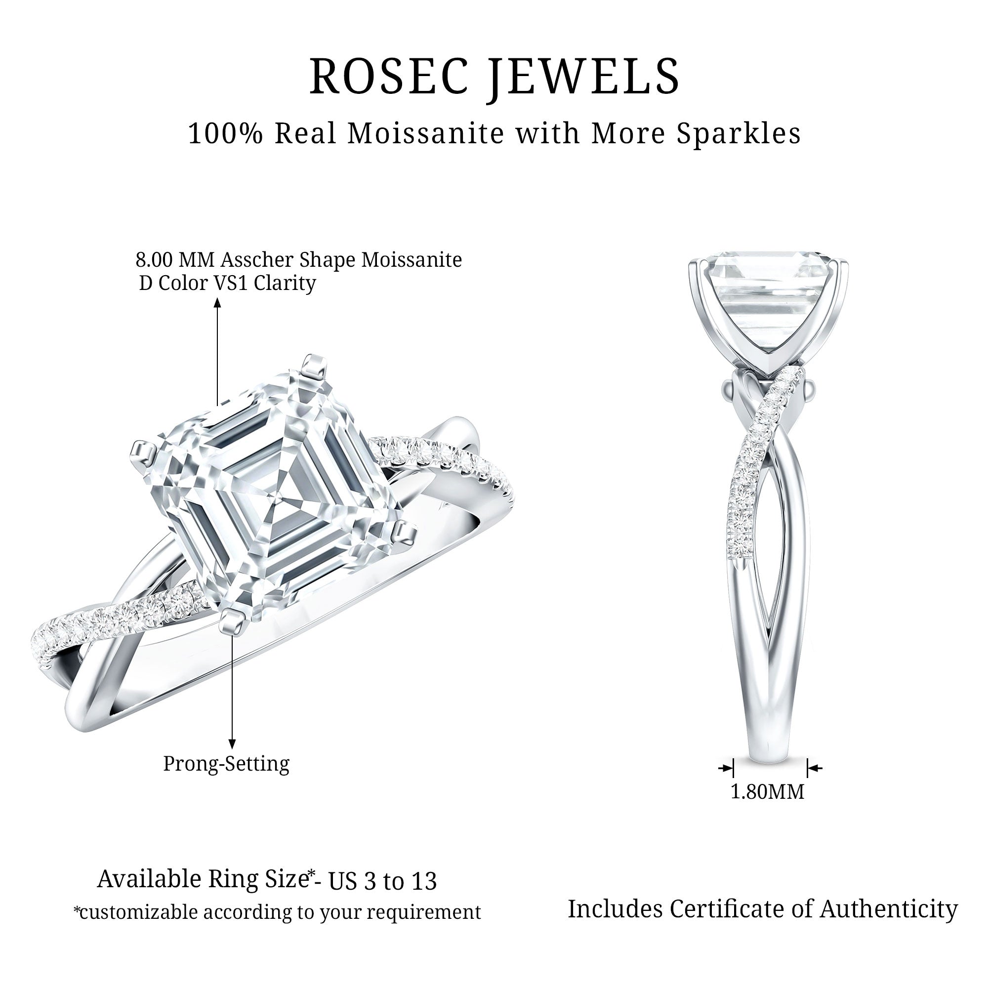 Certified Moissanite Asscher Cut Engagement Ring with Twisted Shank