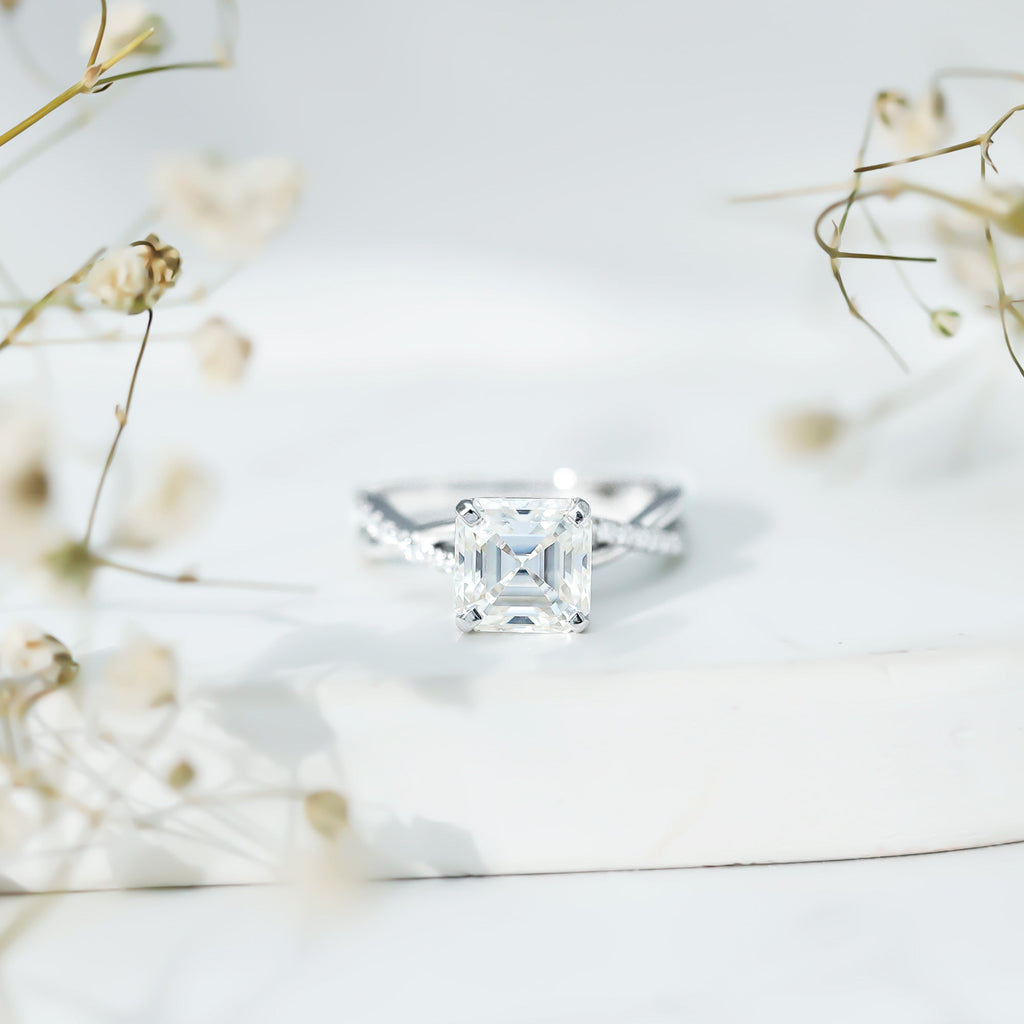 Certified Moissanite Asscher Cut Engagement Ring with Twisted Shank