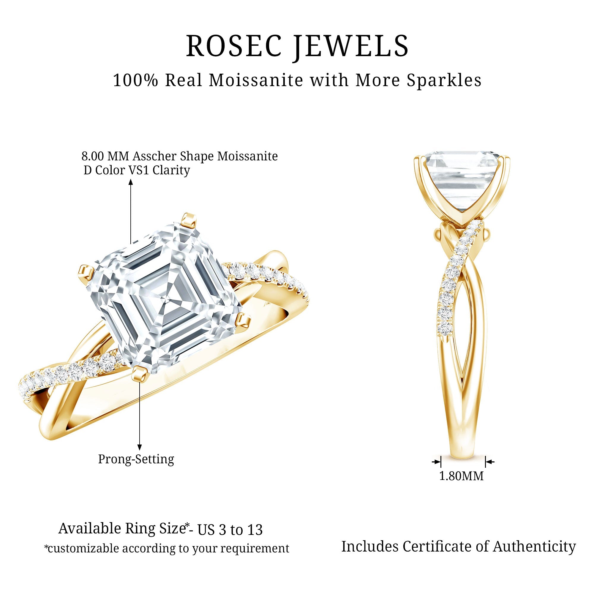 Certified Moissanite Asscher Cut Engagement Ring with Twisted Shank