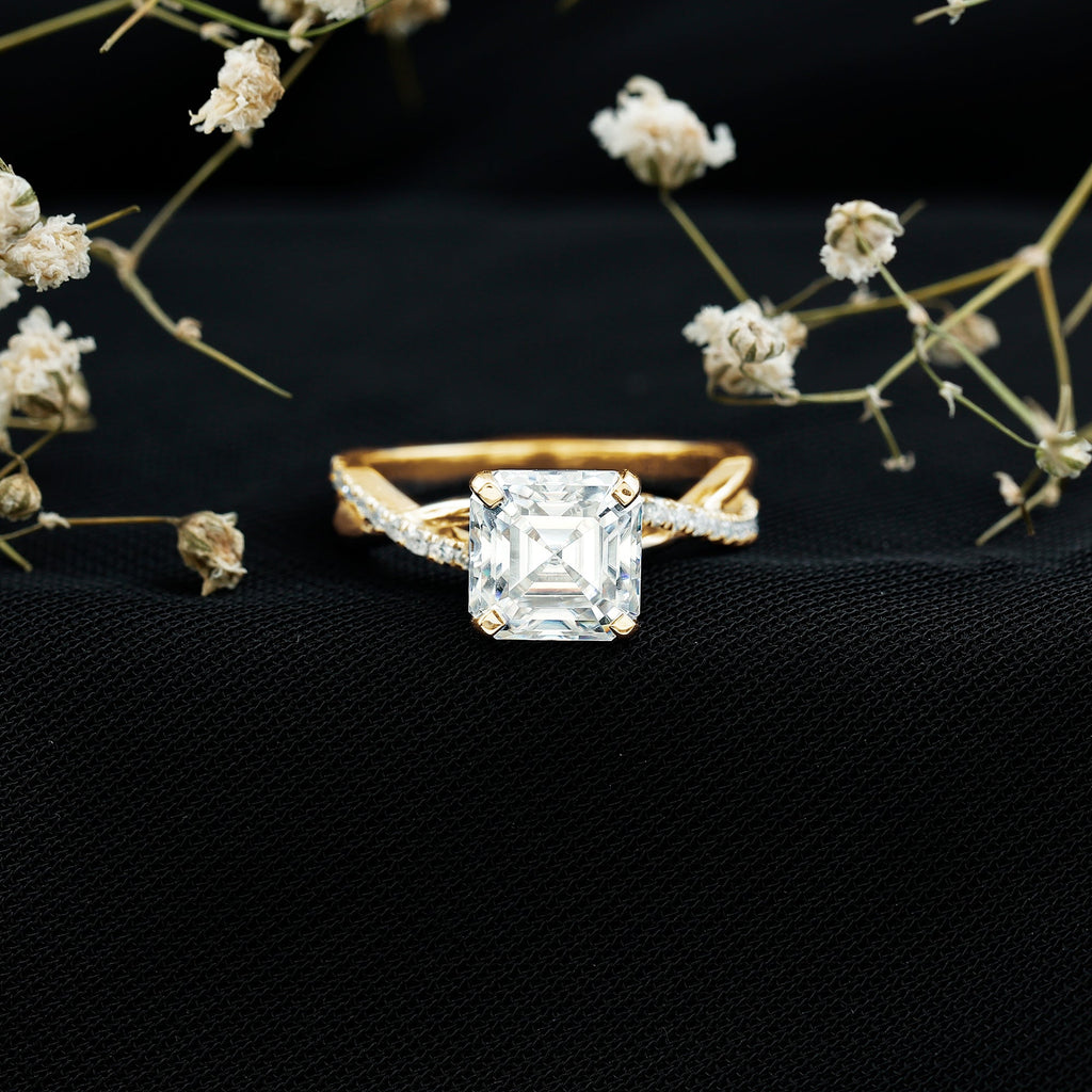 Certified Moissanite Asscher Cut Engagement Ring with Twisted Shank