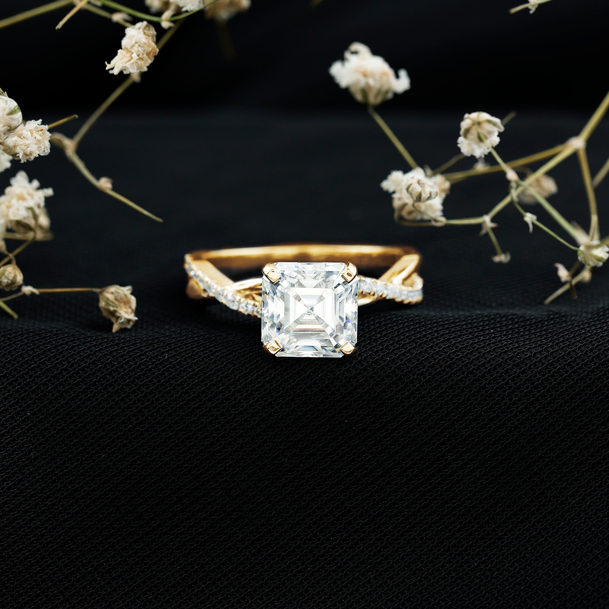 Certified Moissanite Asscher Cut Engagement Ring with Twisted Shank