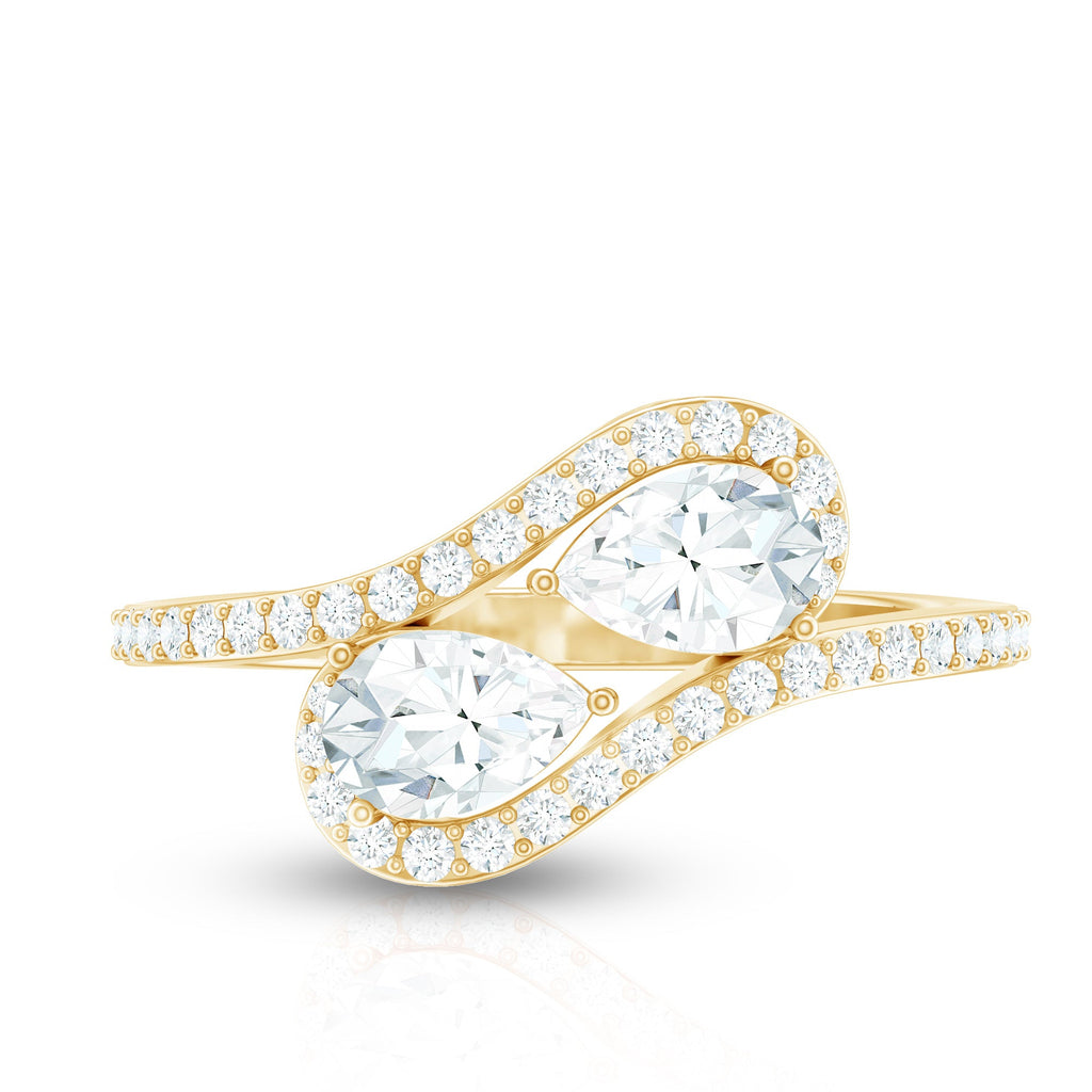 Pear Cut Moissanite 2 Stone Engagement Ring with Bypass Shank