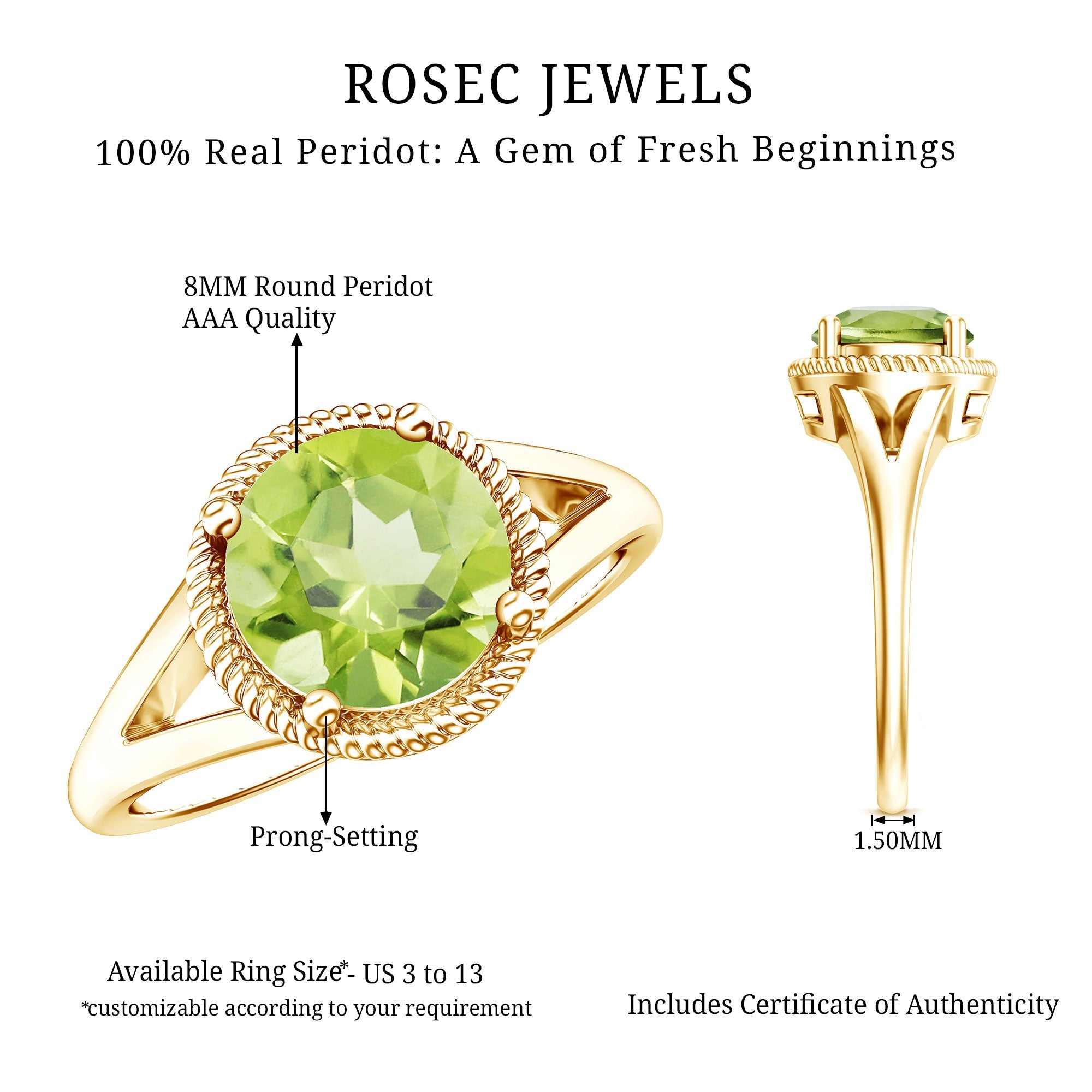 Natural 2 Carat Peridot Solitaire Engagement Ring with Split Shank