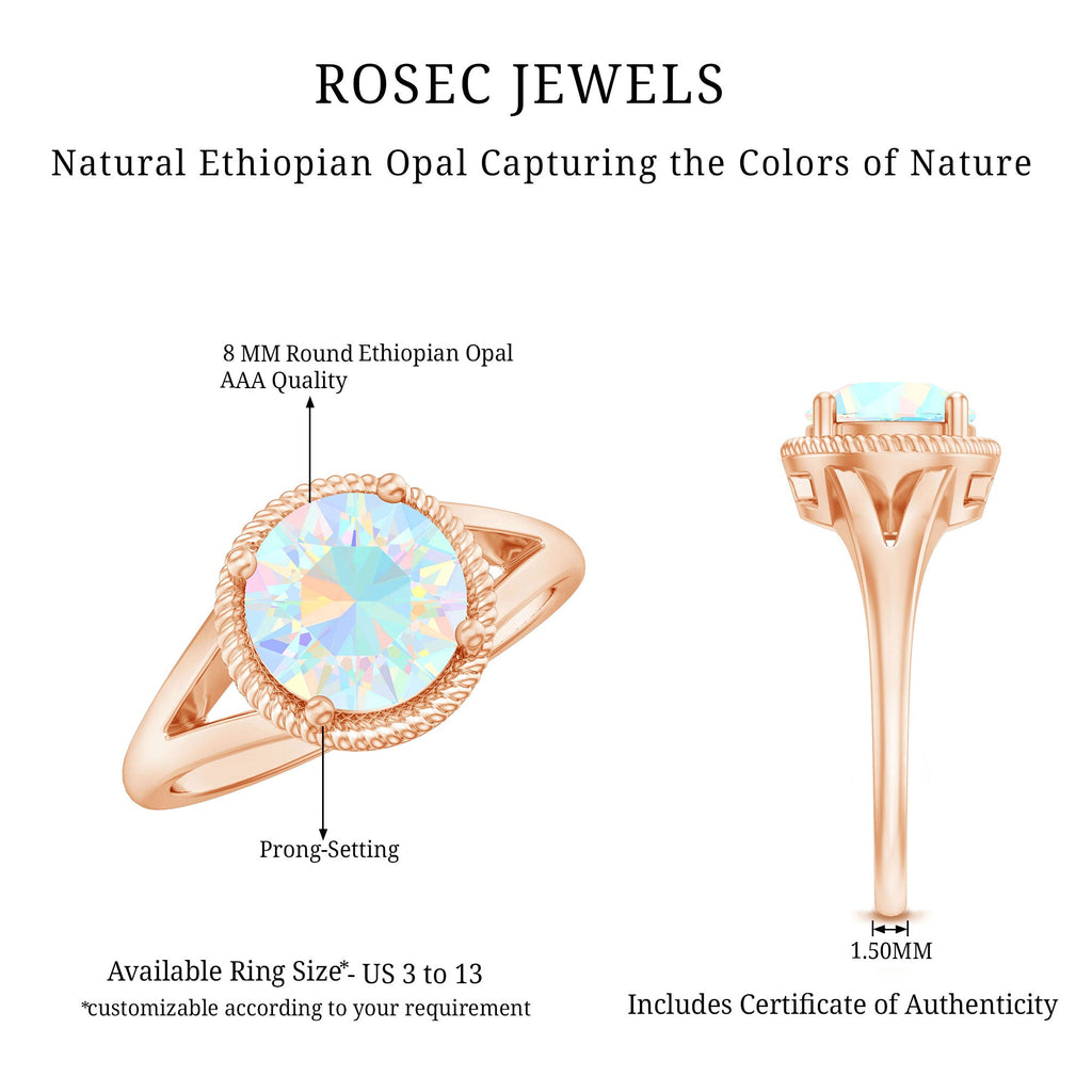 Certified Real 2 Carat Round Ethiopian Opal Split Shank Engagement Ring with Twisted Rope