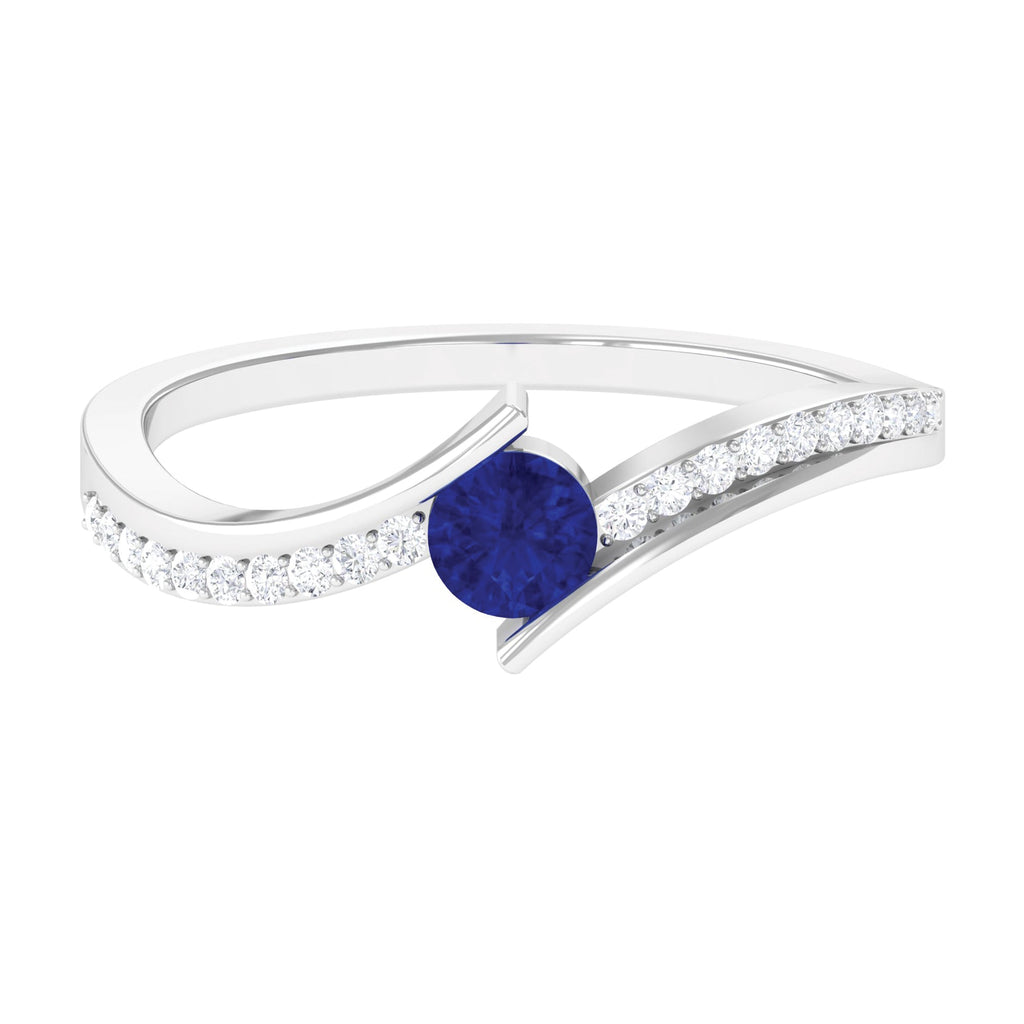Round Genuine Blue Sapphire Bypass Engagement Ring with Diamond
