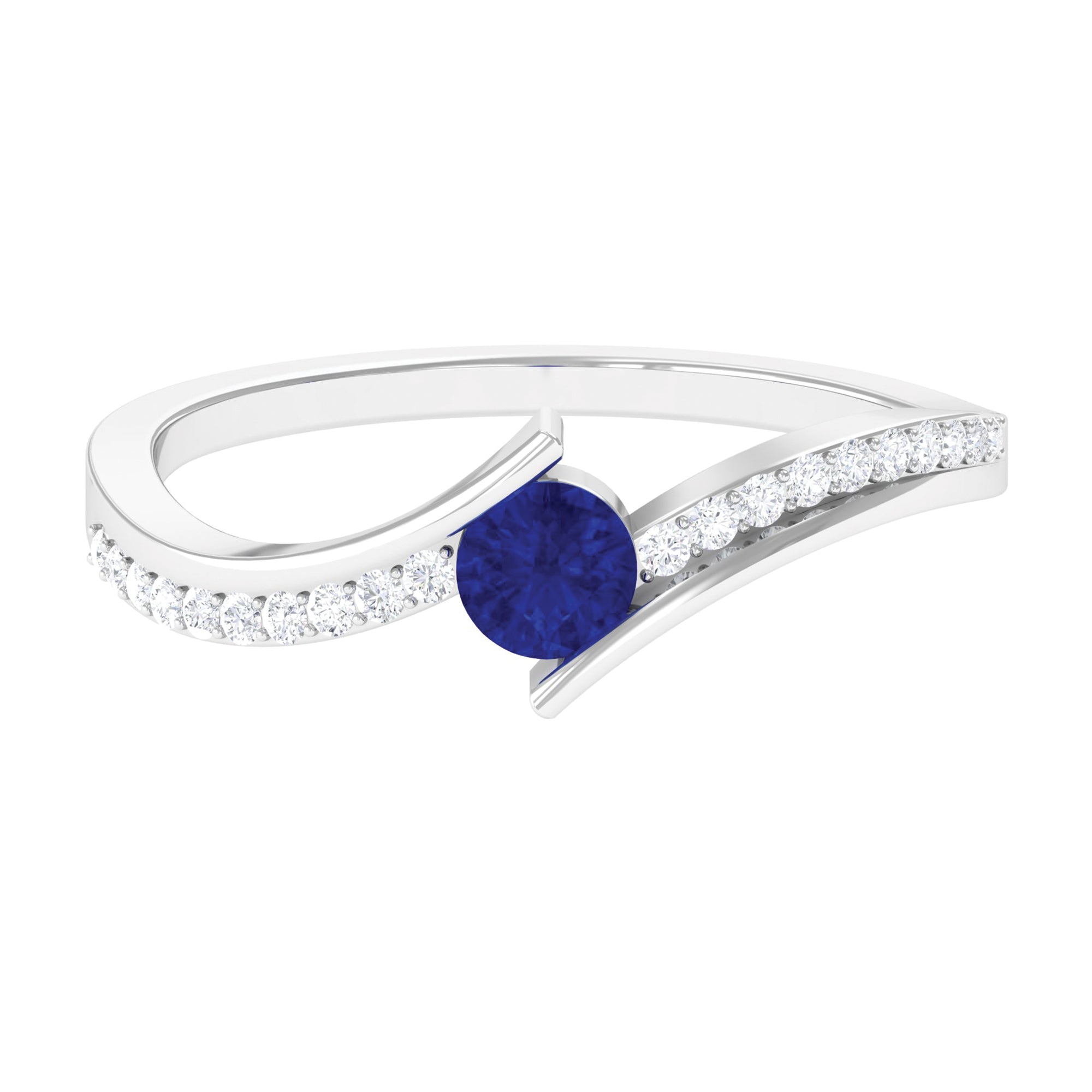 Round Genuine Blue Sapphire Bypass Engagement Ring with Diamond
