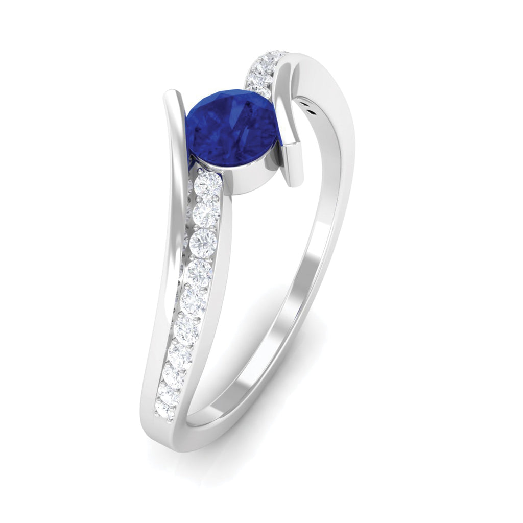 Round Genuine Blue Sapphire Bypass Engagement Ring with Diamond